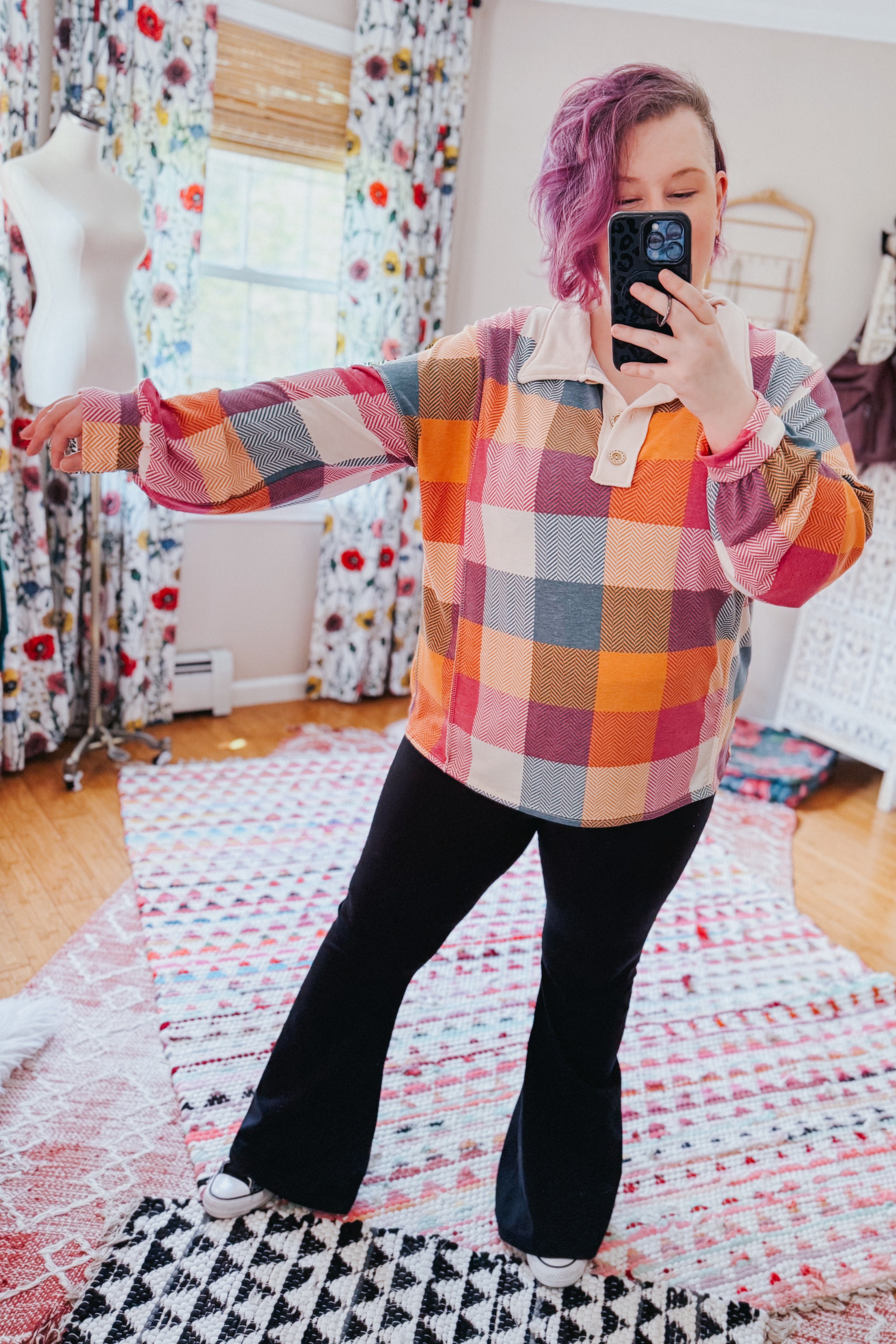 Just Right Checkered Long Sleeve Top • Berry