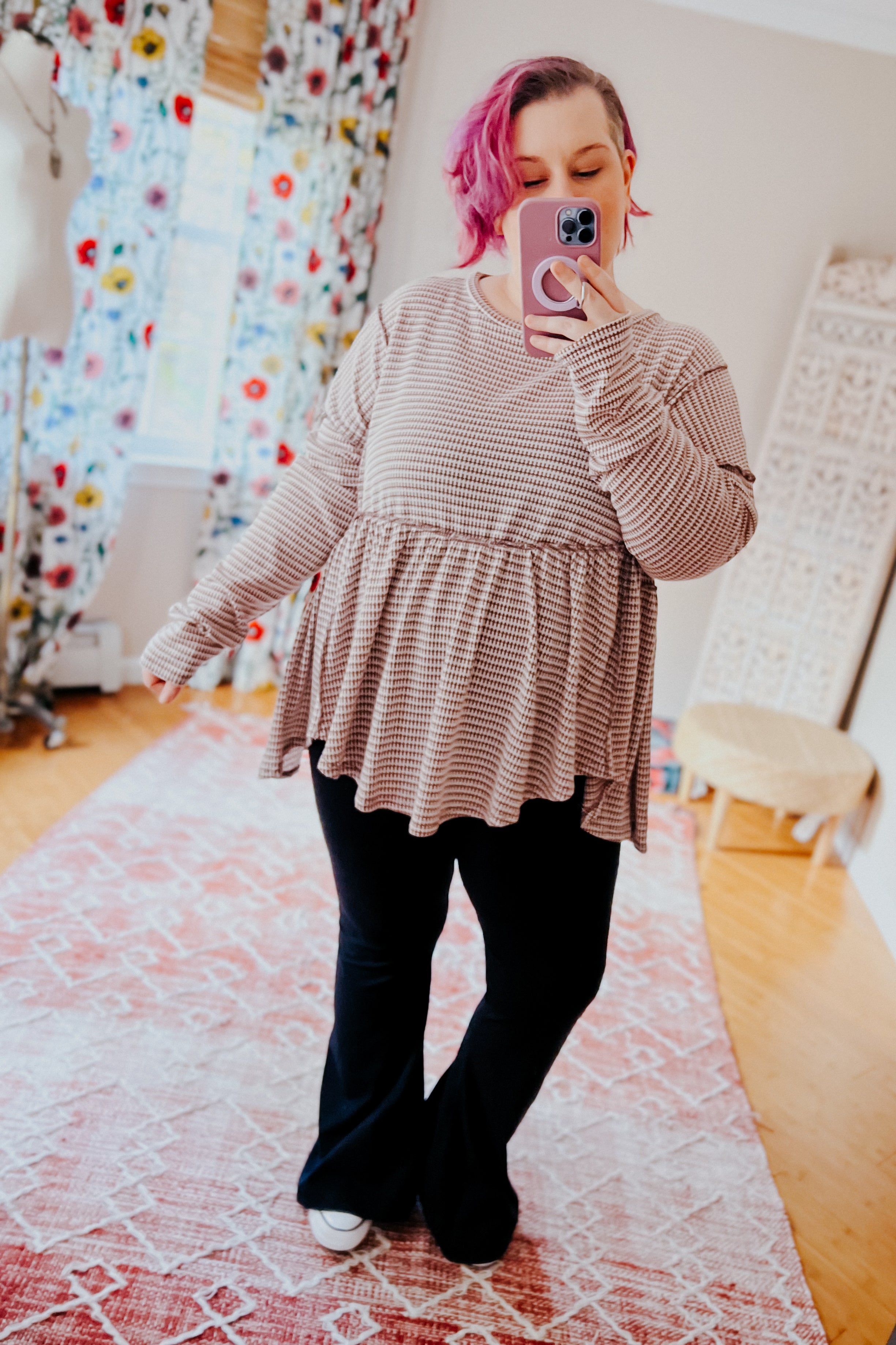 Fall Days Two Tone Jacquard Knit Babydoll Top