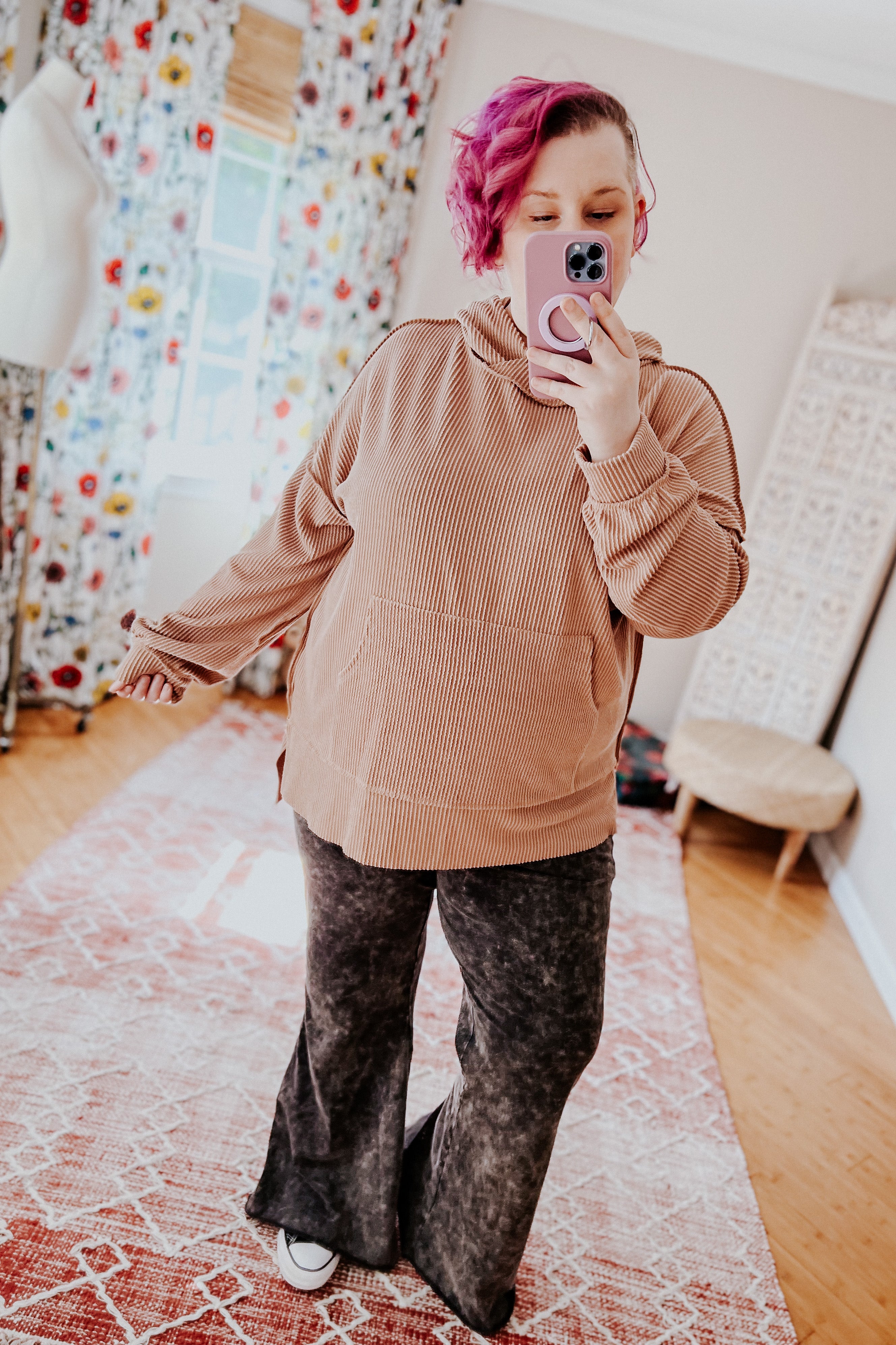 Cozy Up Mineral Wash Rib Knit Hoodie • Latte