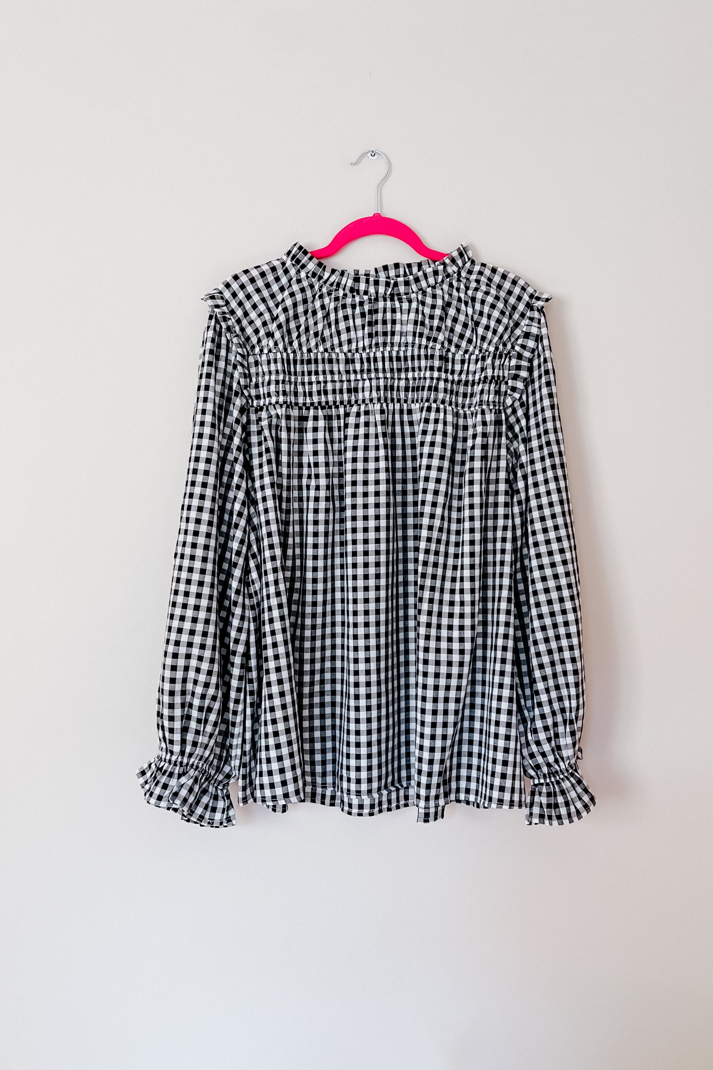 Adorable in Gingham Shirred Mock Neck Top • Black