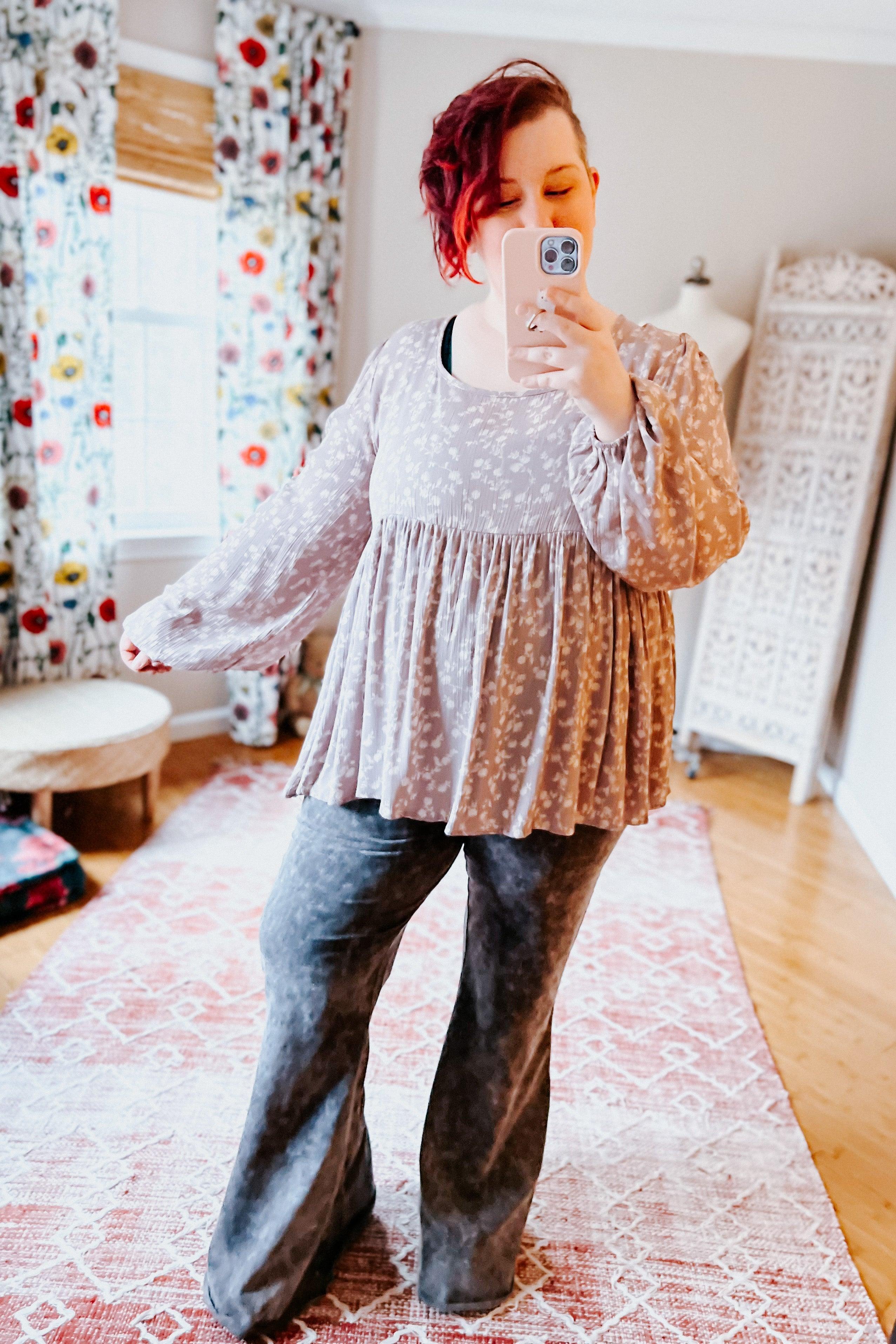 La La Crinkle Floral Lace-Up Woven Bubble Sleeve Top - Atomic Wildflower