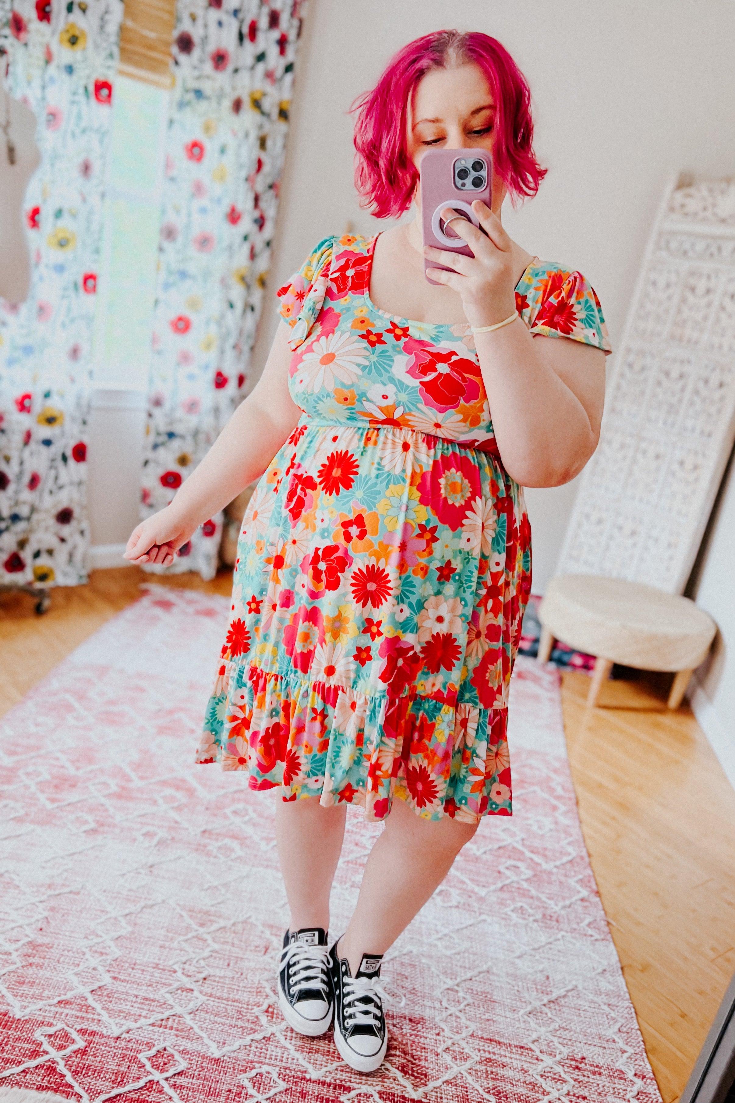 Sheen Of Spring Floral Square Neck Dress - Atomic Wildflower