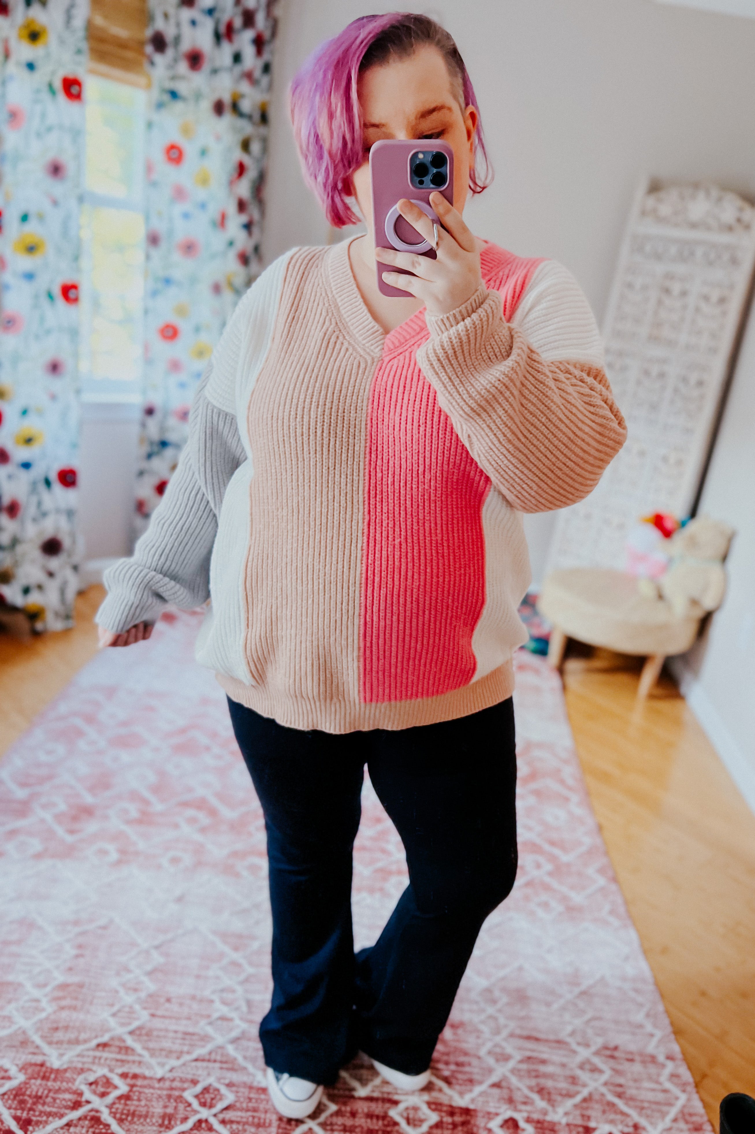 Always Mine V Neck Color Block Sweater Top