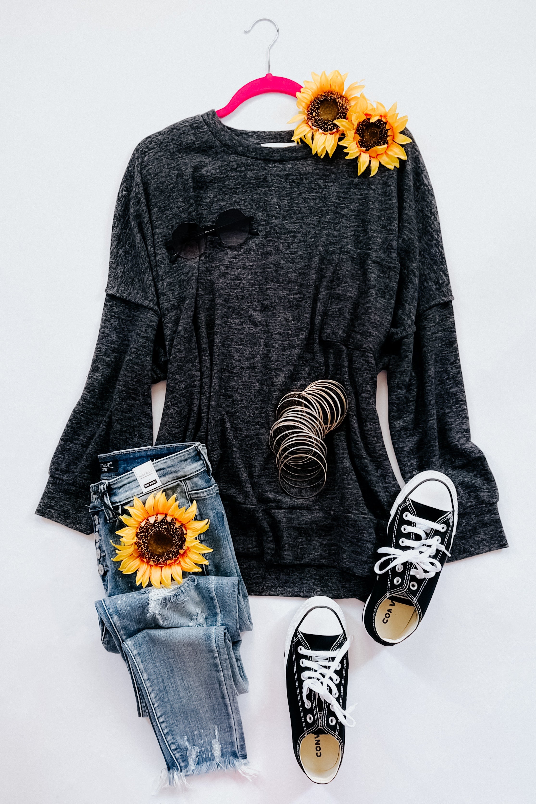 Stay Awhile Drop Shoulder Melange Sweater • Charcoal