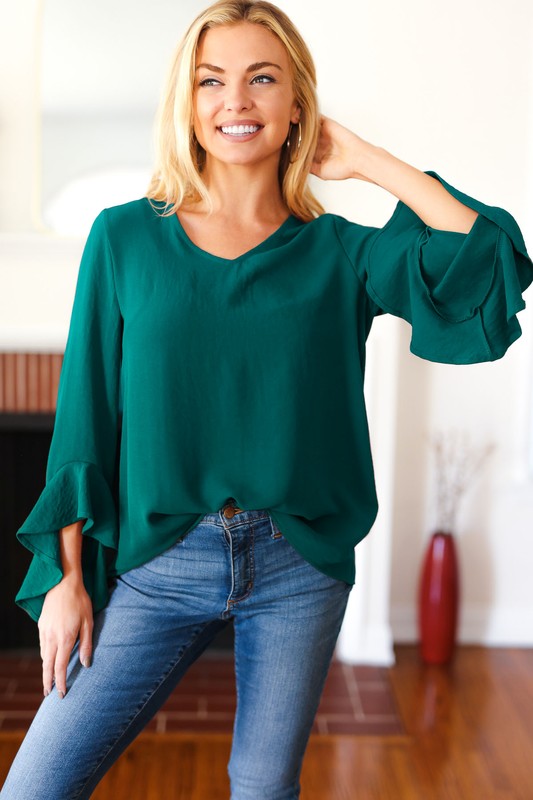 Perfect Day Hi-Lo Ruffle Sleeve Woven Top • Green