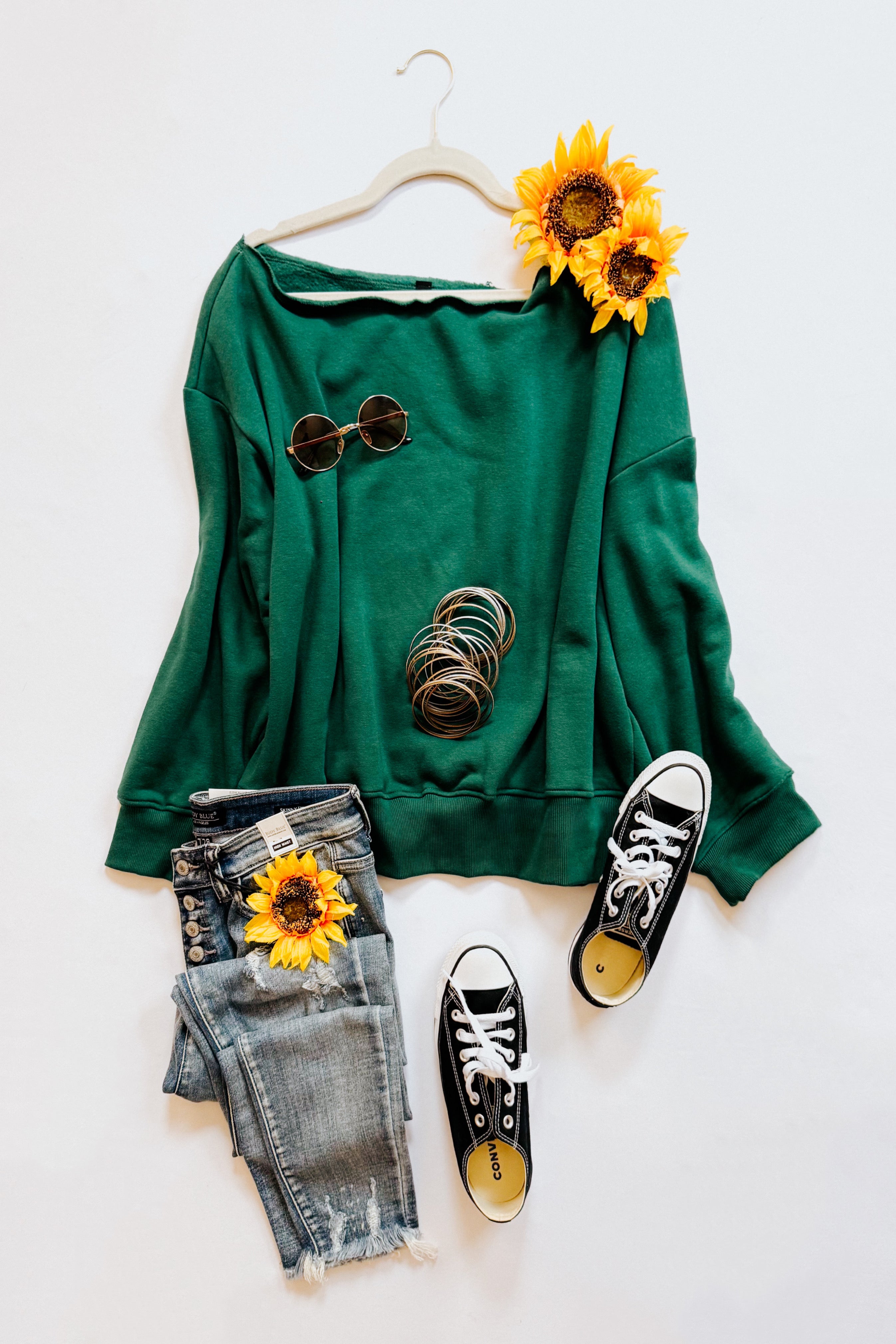 Side Hustle Off Shoulder Long Sleeve Top • Hunter Green