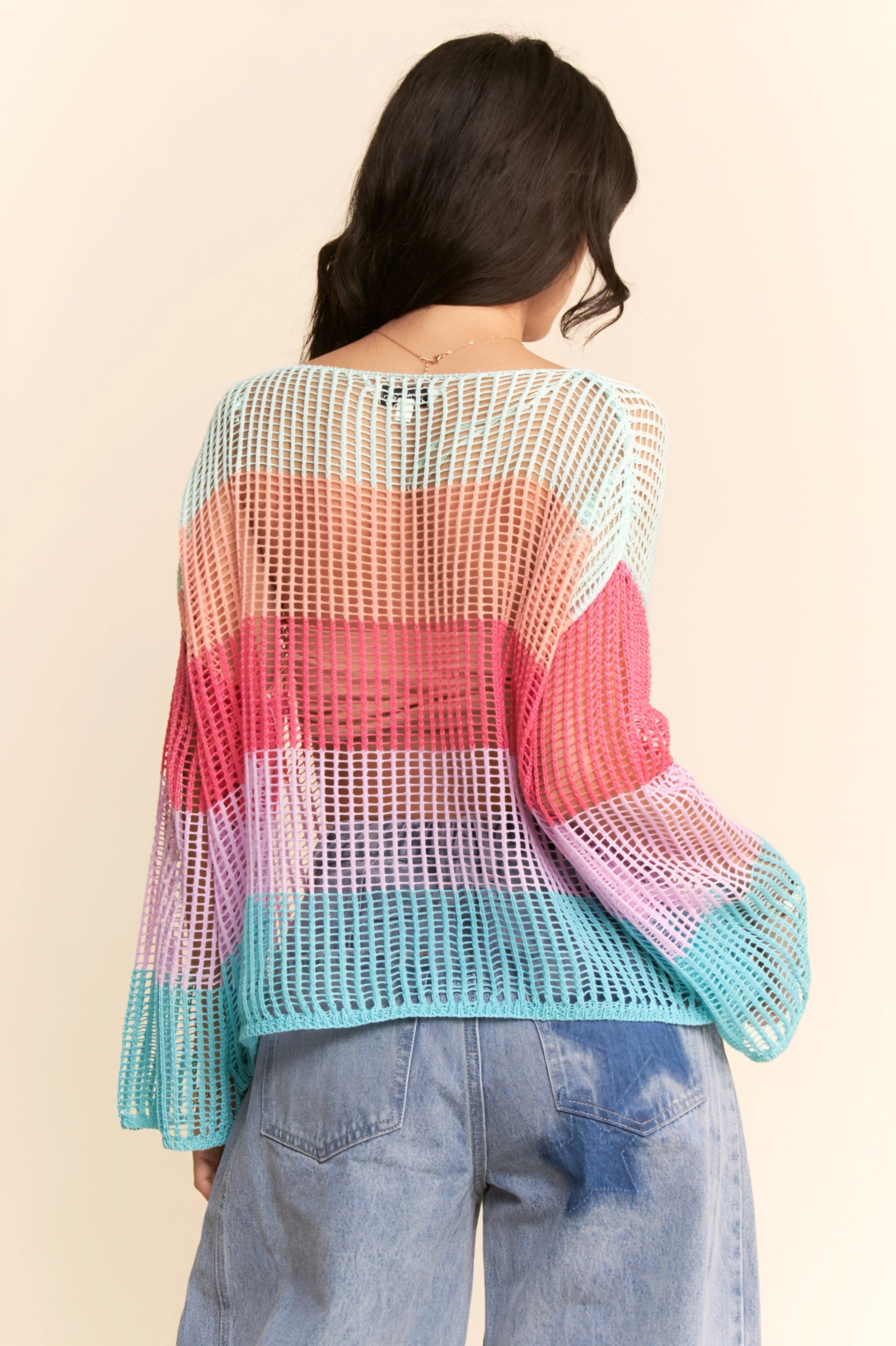 Friend Of A Friend Striped Bell Sleeve Crochet Mesh Pullover