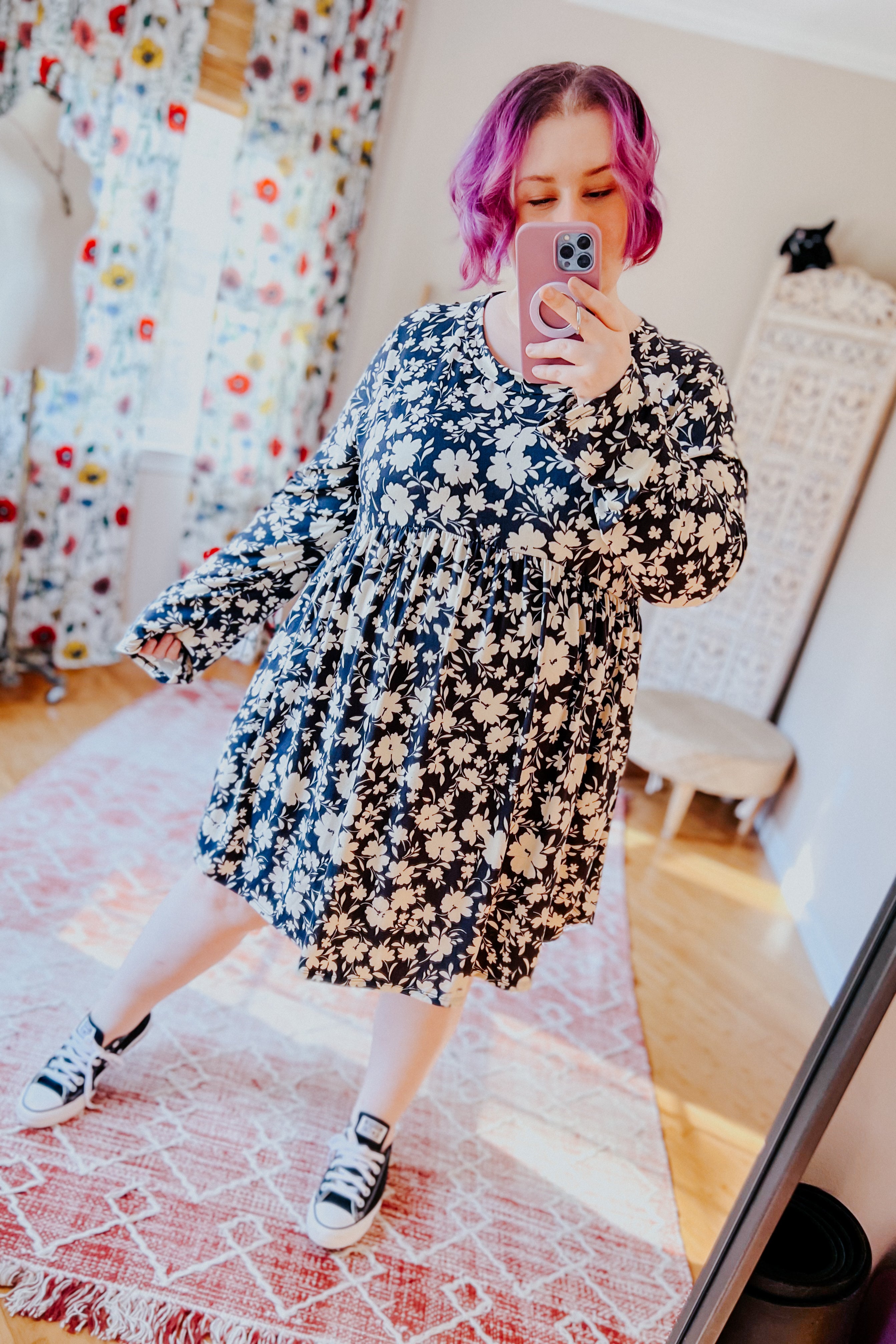 Just Be You Floral Long Sleeve Babydoll Dress • Charcoal Blue
