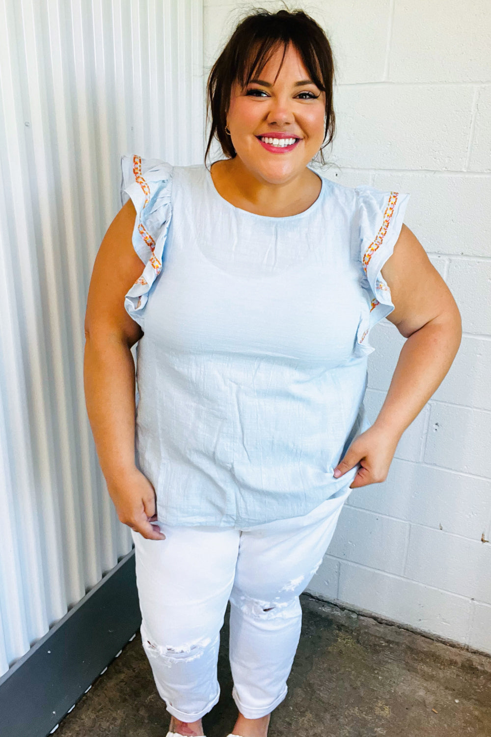 Carrie Embroidered Flutter Sleeve Top