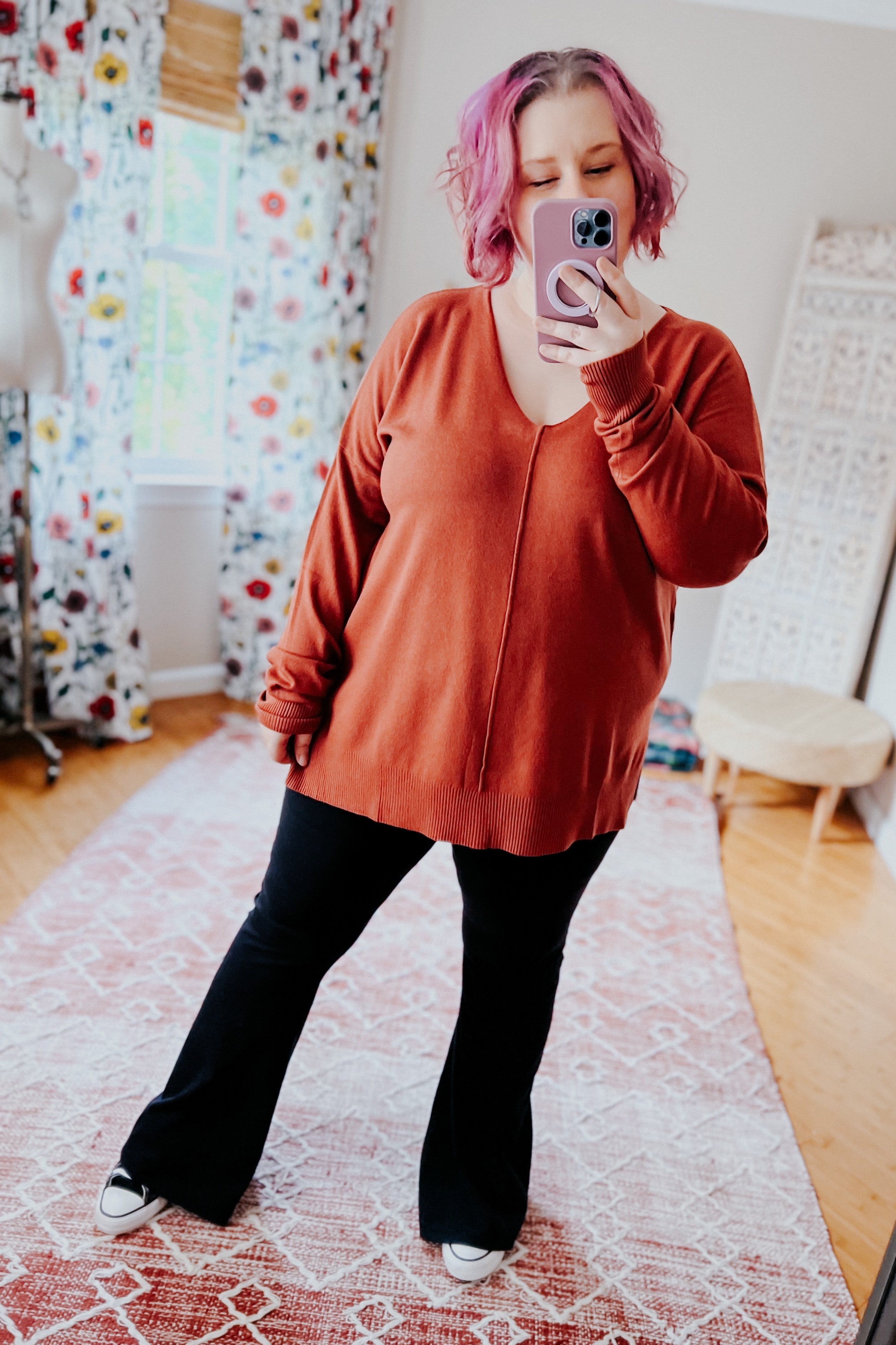 Hello Beautiful V Neck Sweater • Rust