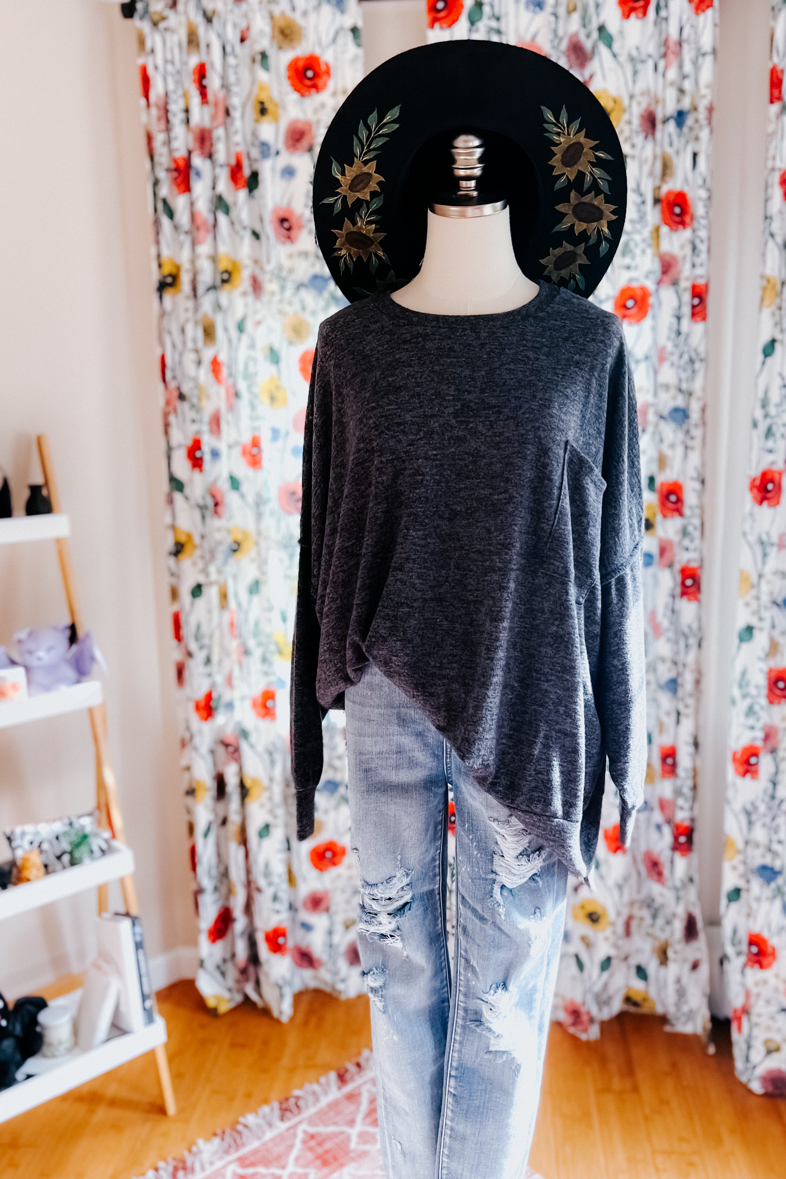 Stay Awhile Drop Shoulder Melange Sweater • Charcoal