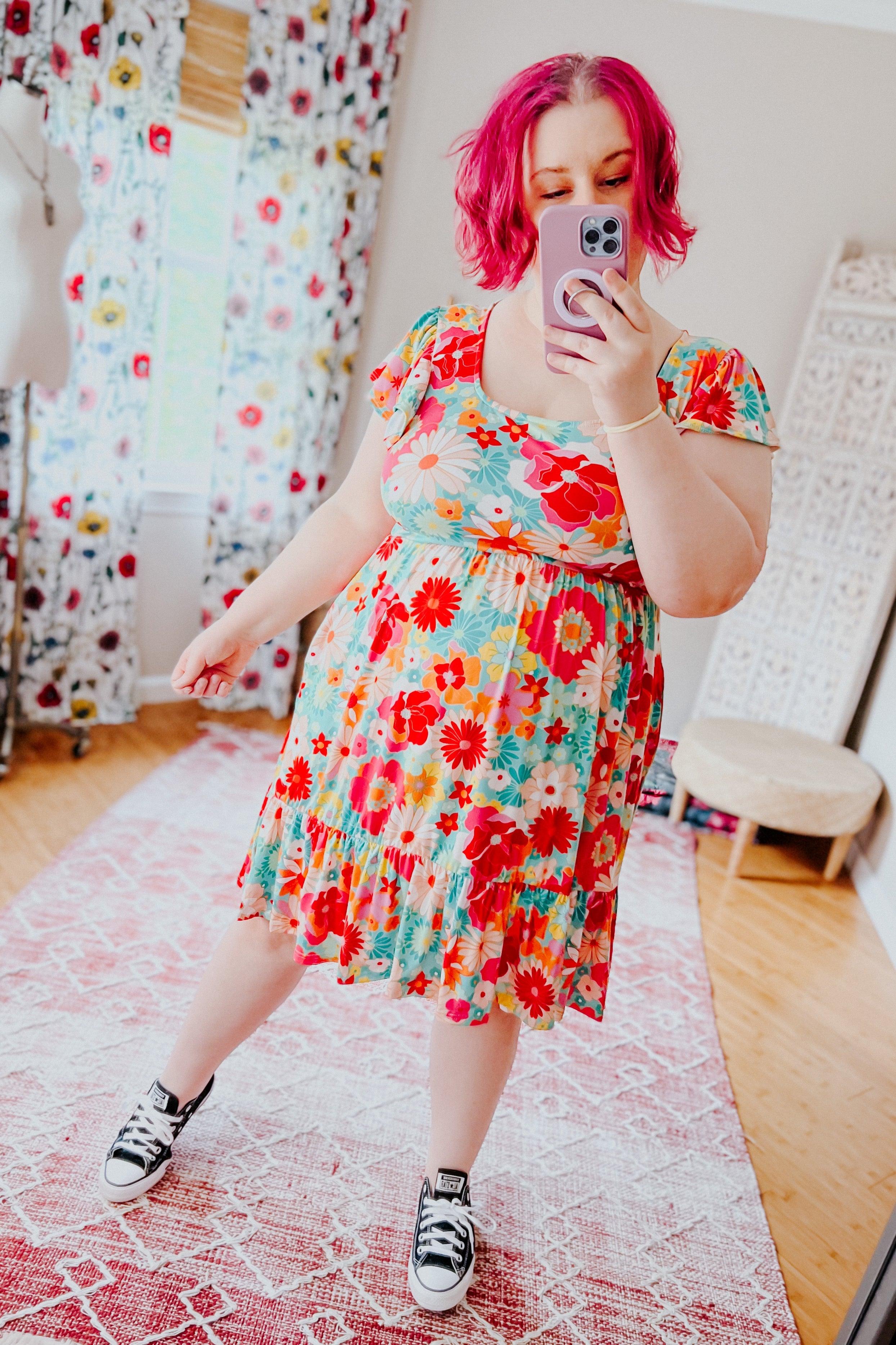 Sheen Of Spring Floral Square Neck Dress - Atomic Wildflower