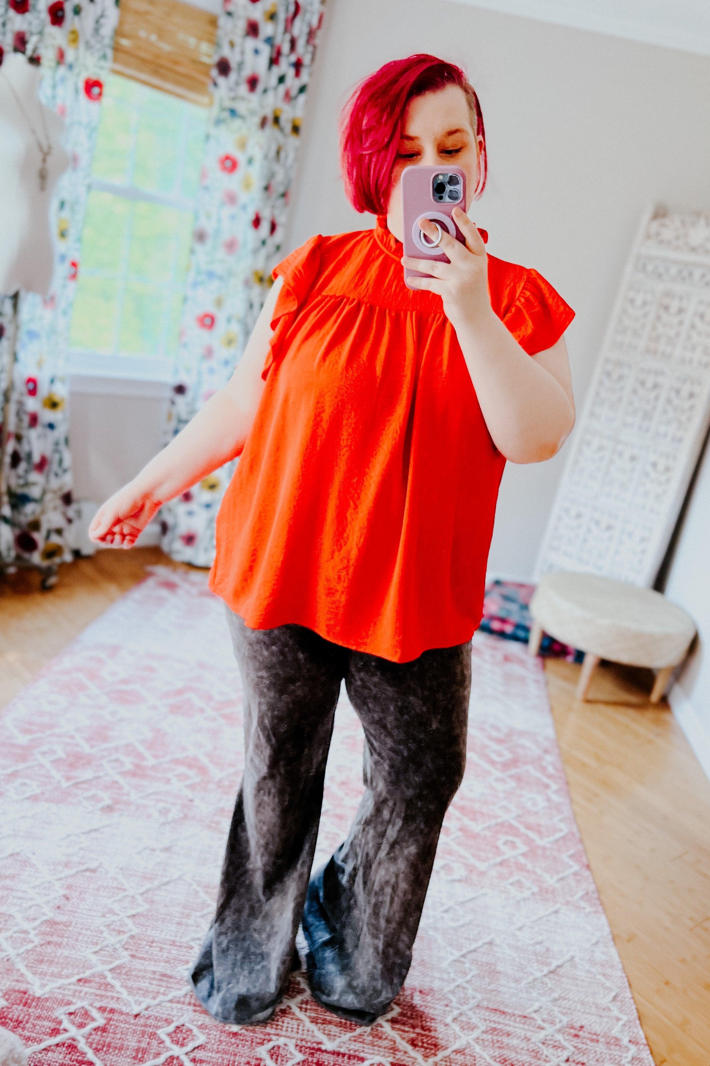 Morning Sun Mock Neck Flutter Sleeve Top - Atomic Wildflower