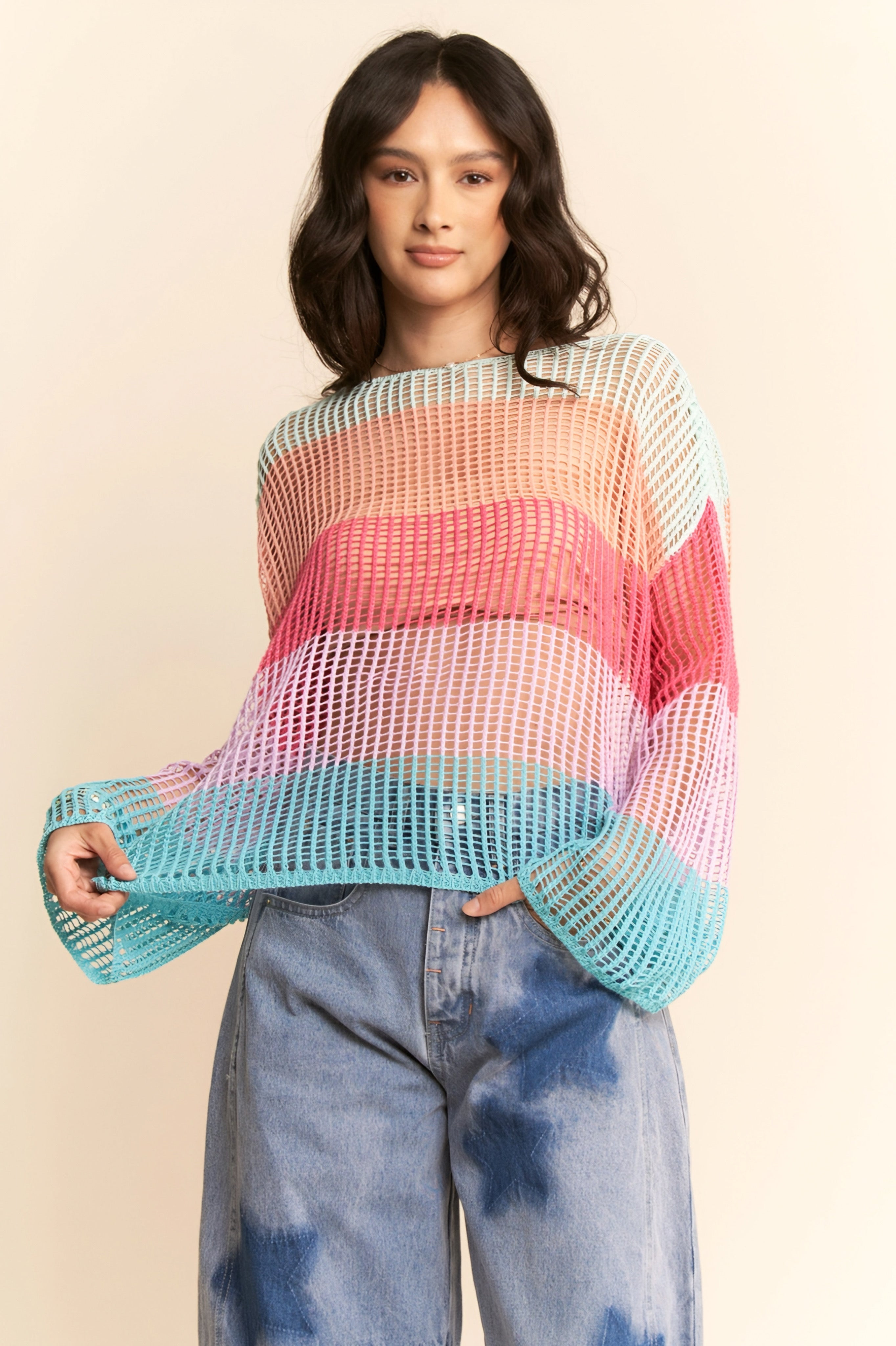 Friend Of A Friend Striped Bell Sleeve Crochet Mesh Pullover