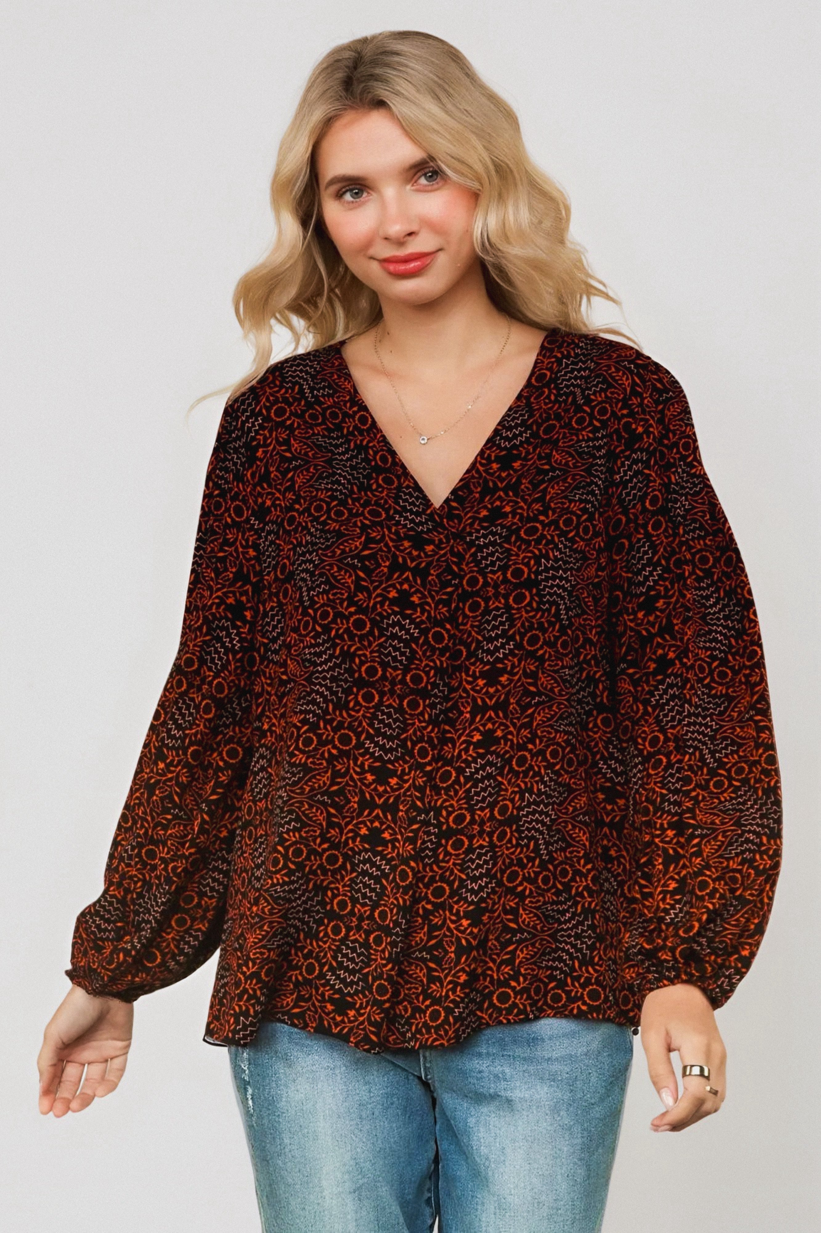 Tangerine Blooms V Neck Blouse