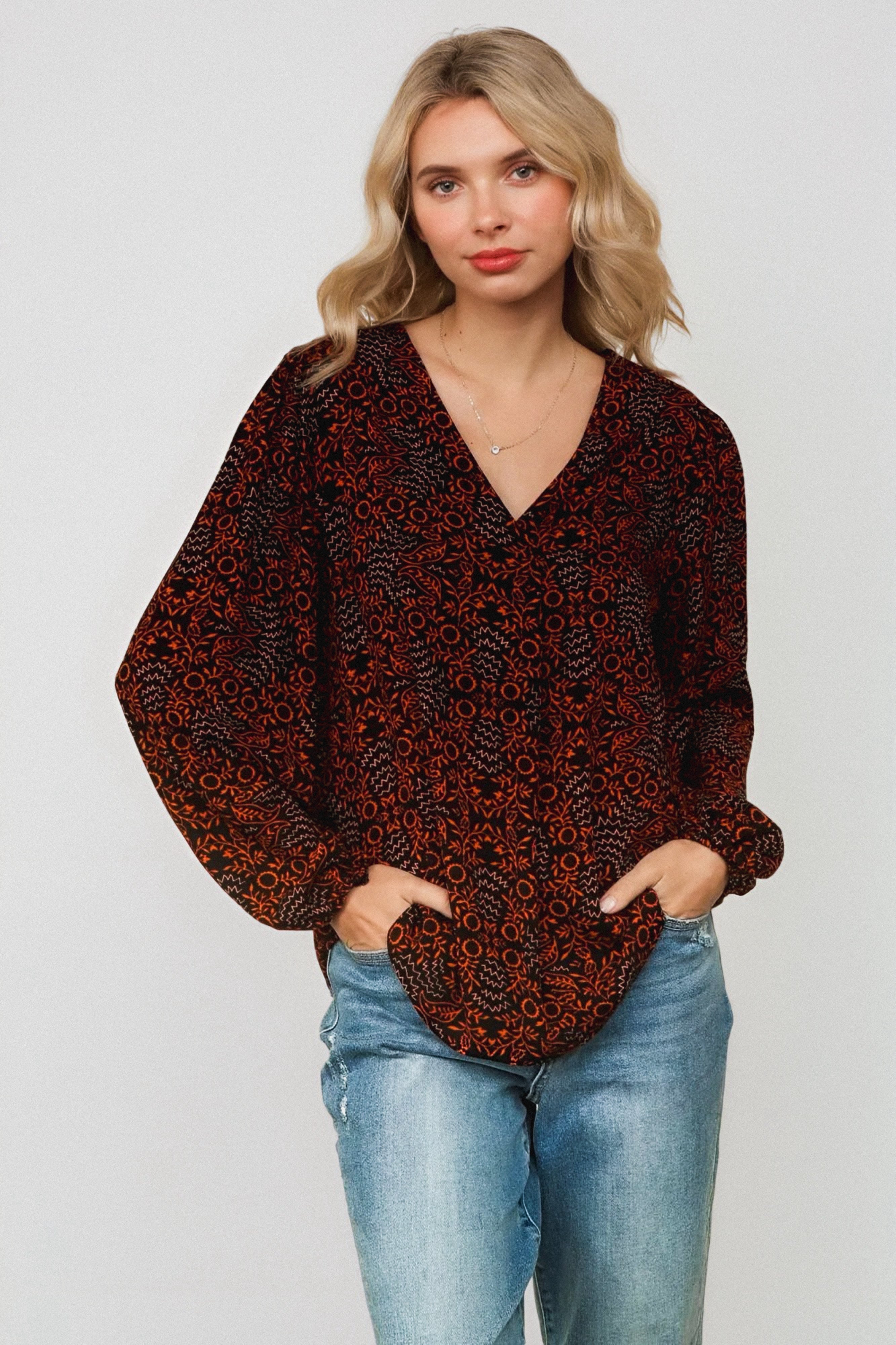 Tangerine Blooms V Neck Blouse
