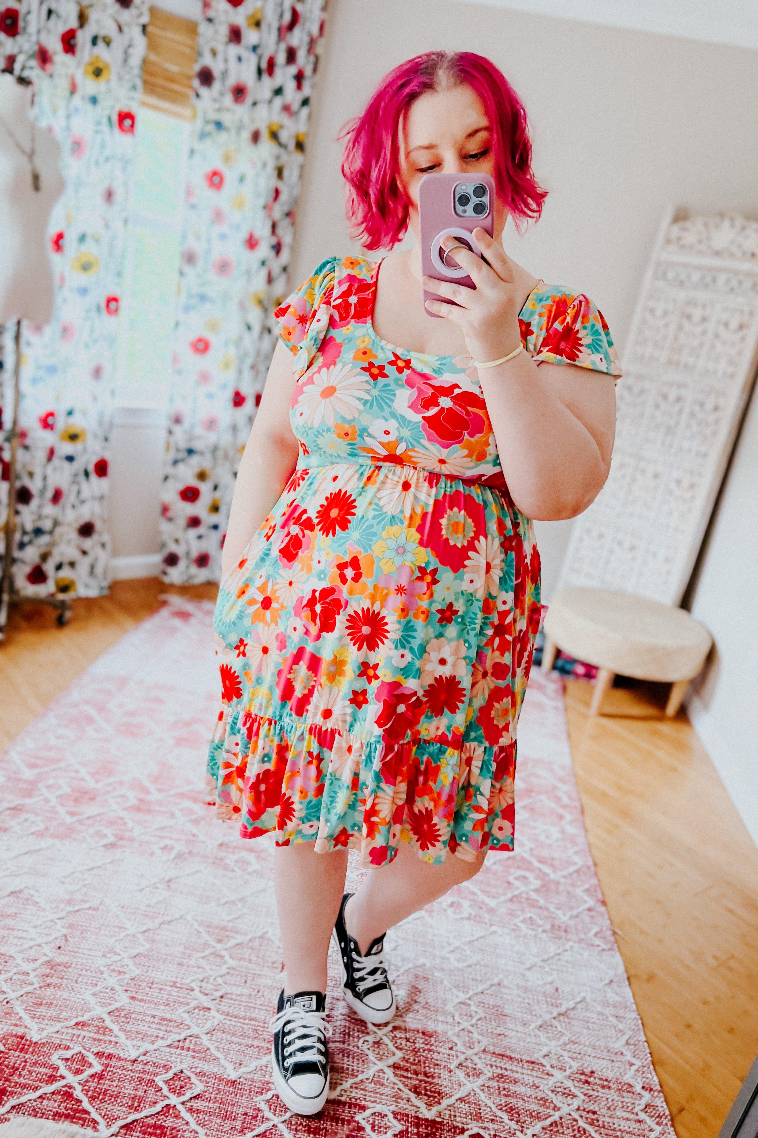 Sheen Of Spring Floral Square Neck Dress - Atomic Wildflower