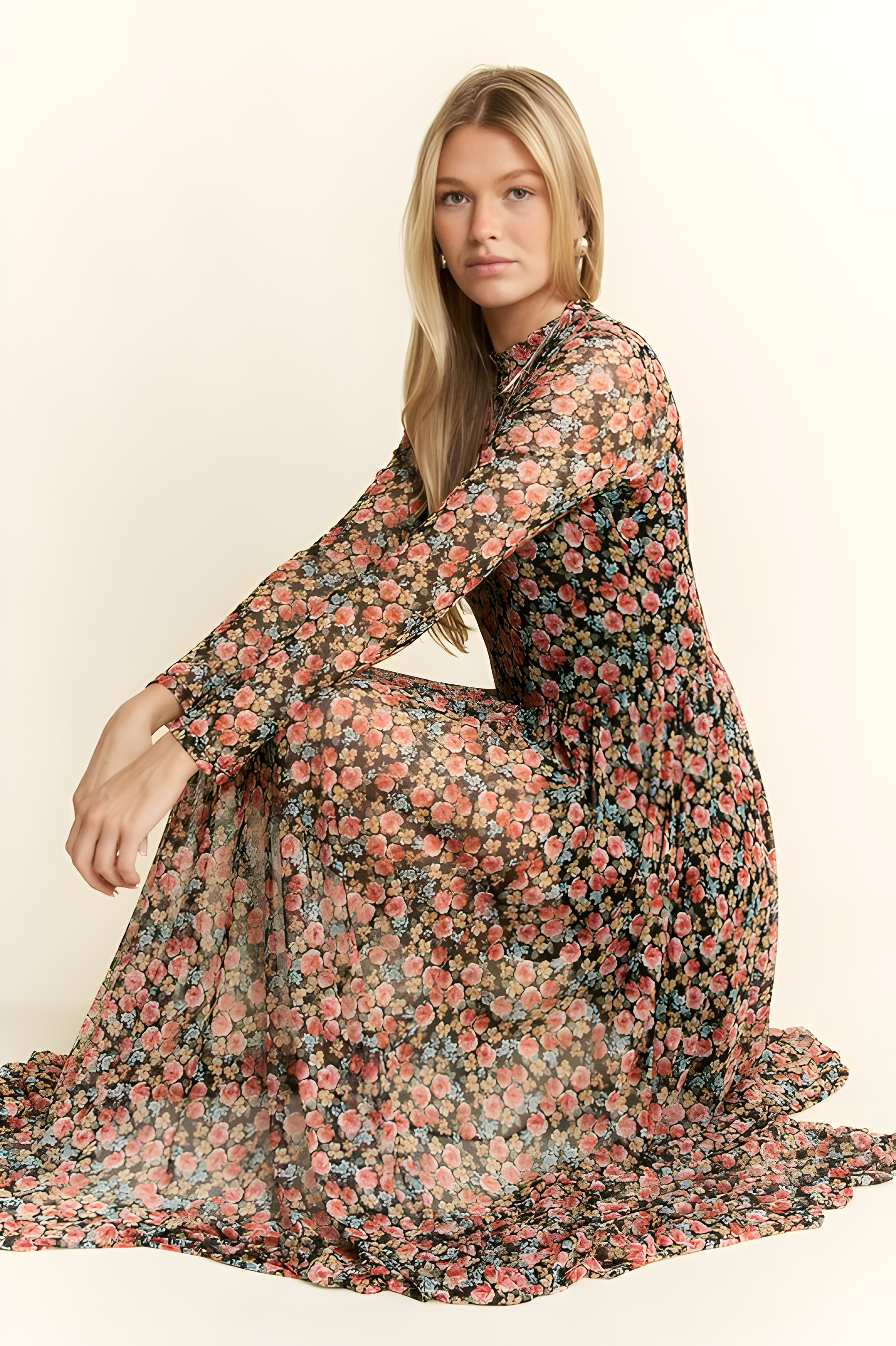 Full Bloom Long Sleeve Floral Print Mesh Maxi Dress