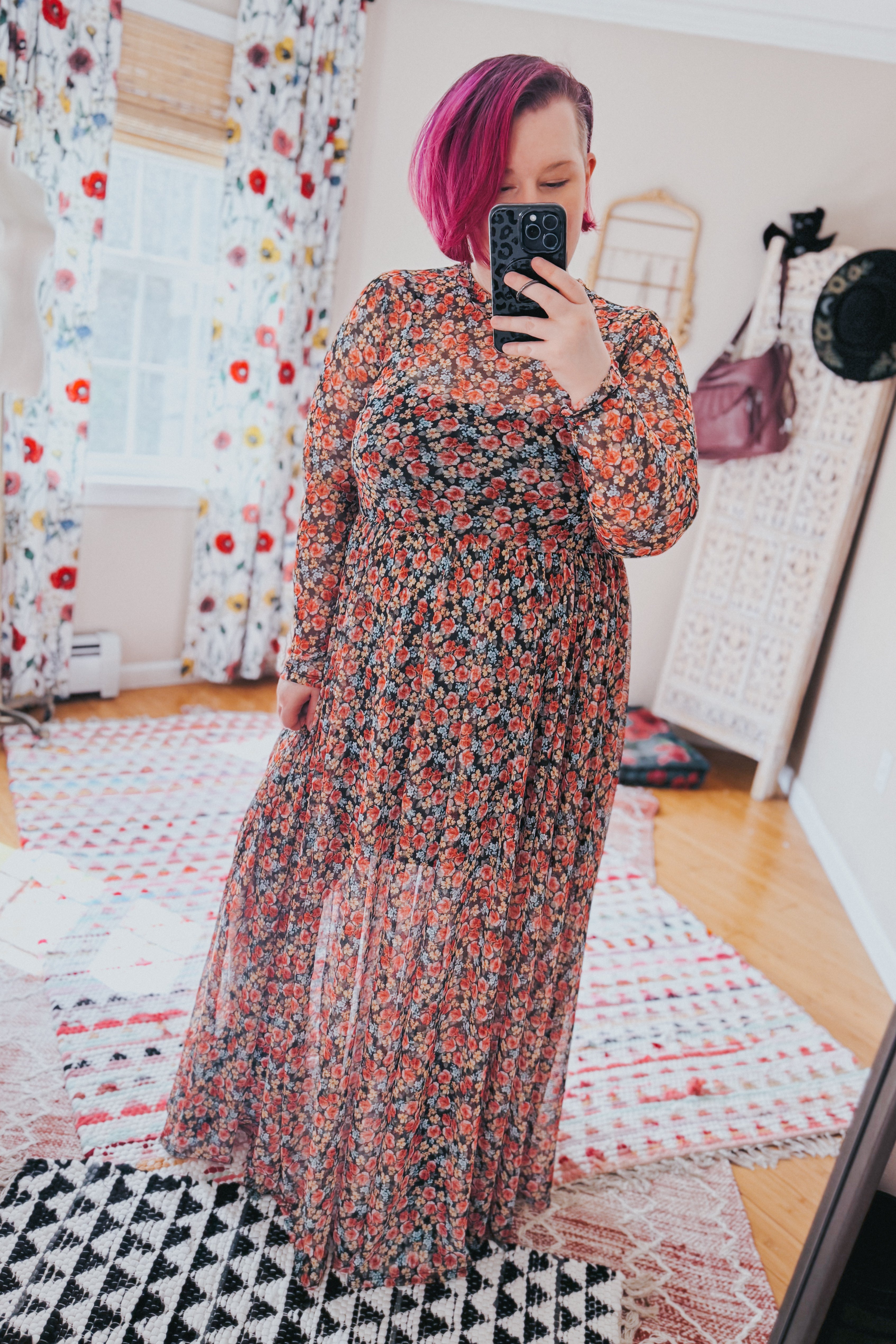 Full Bloom Long Sleeve Floral Print Mesh Maxi Dress