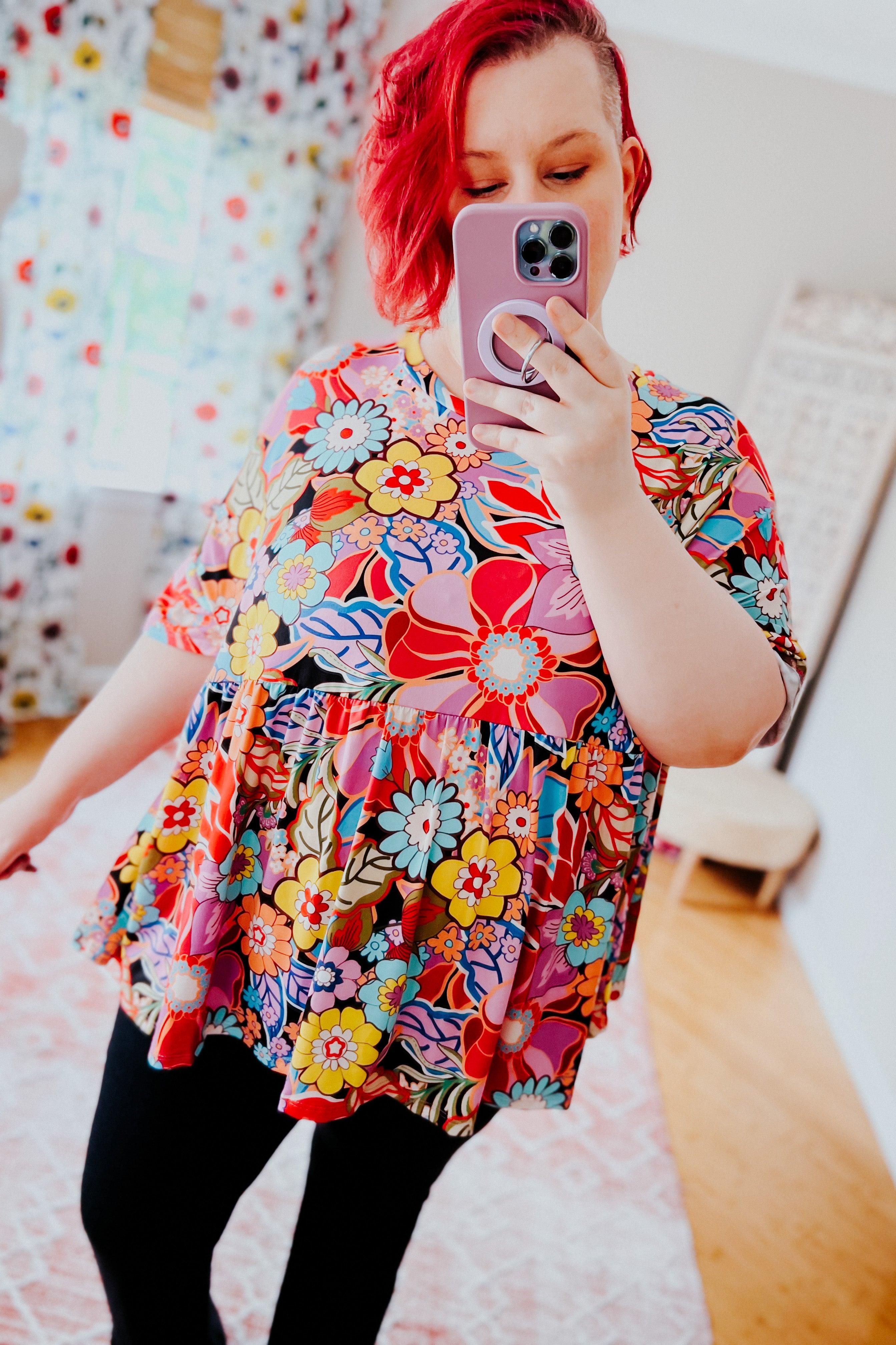 Retro Blossom Floral Babydoll Top - Atomic Wildflower