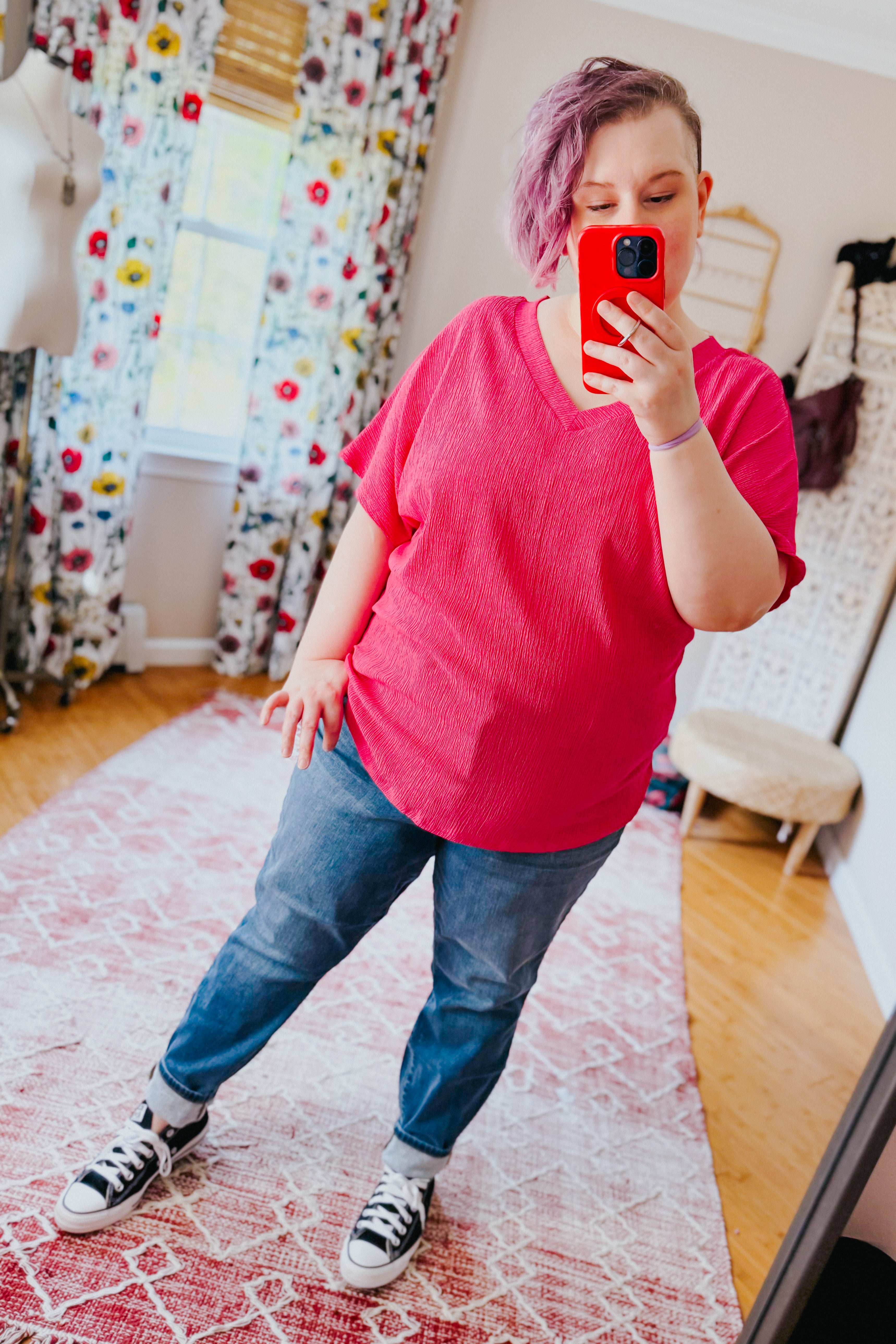 Trial and Error Textured V-Neck Blouse • Magenta