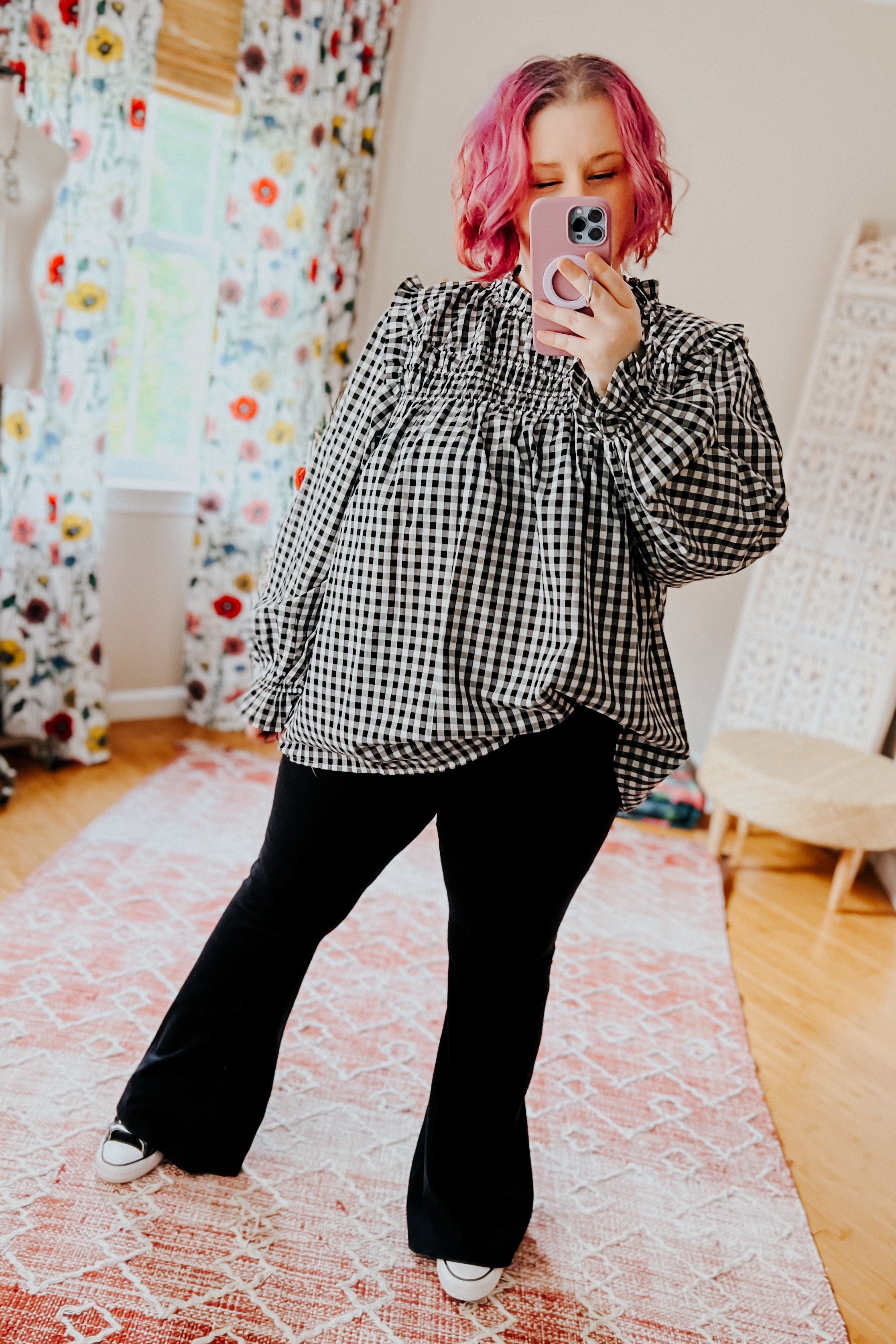 Adorable in Gingham Shirred Mock Neck Top • Black
