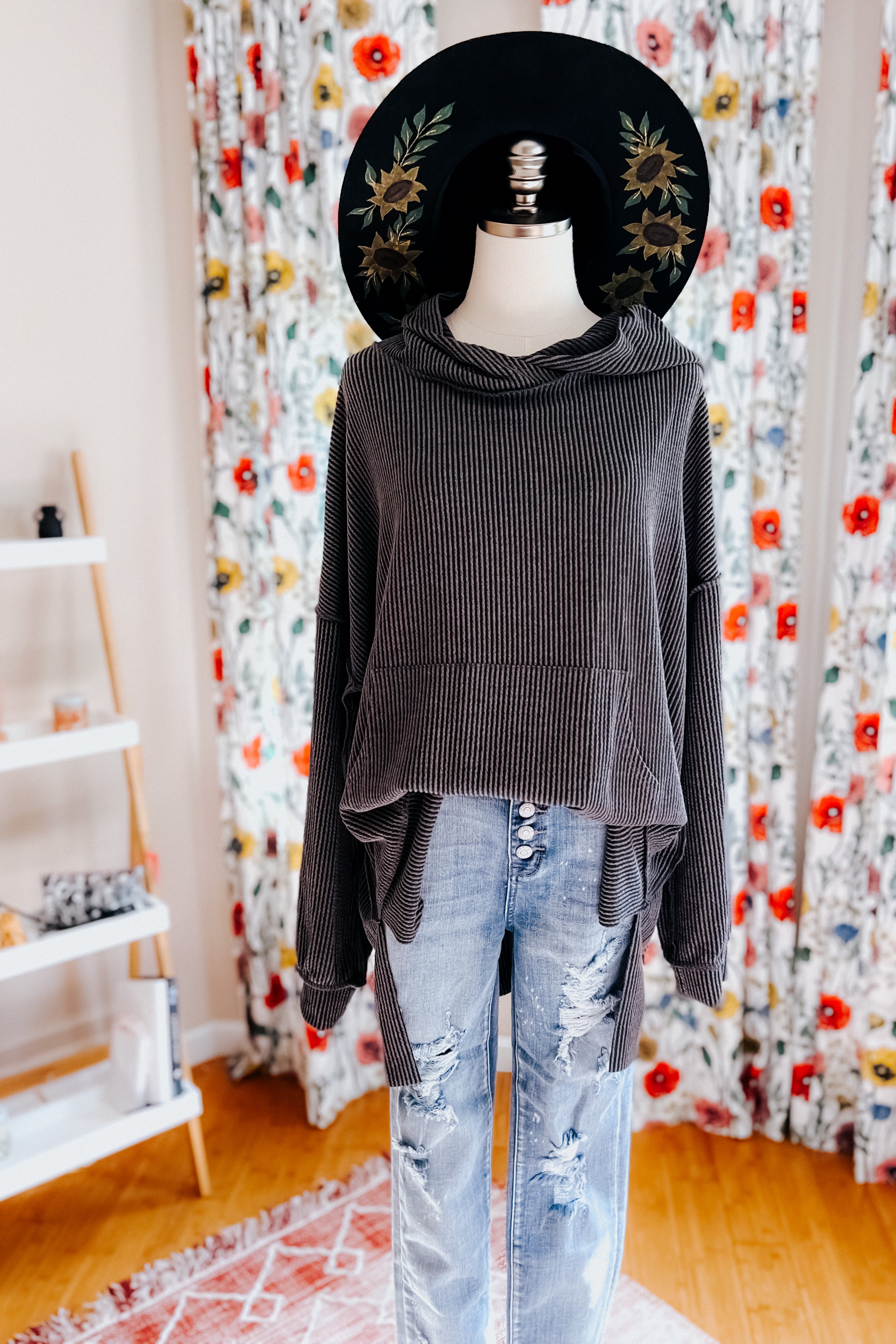 Cozy Up Mineral Wash Rib Knit Hoodie • Charcoal