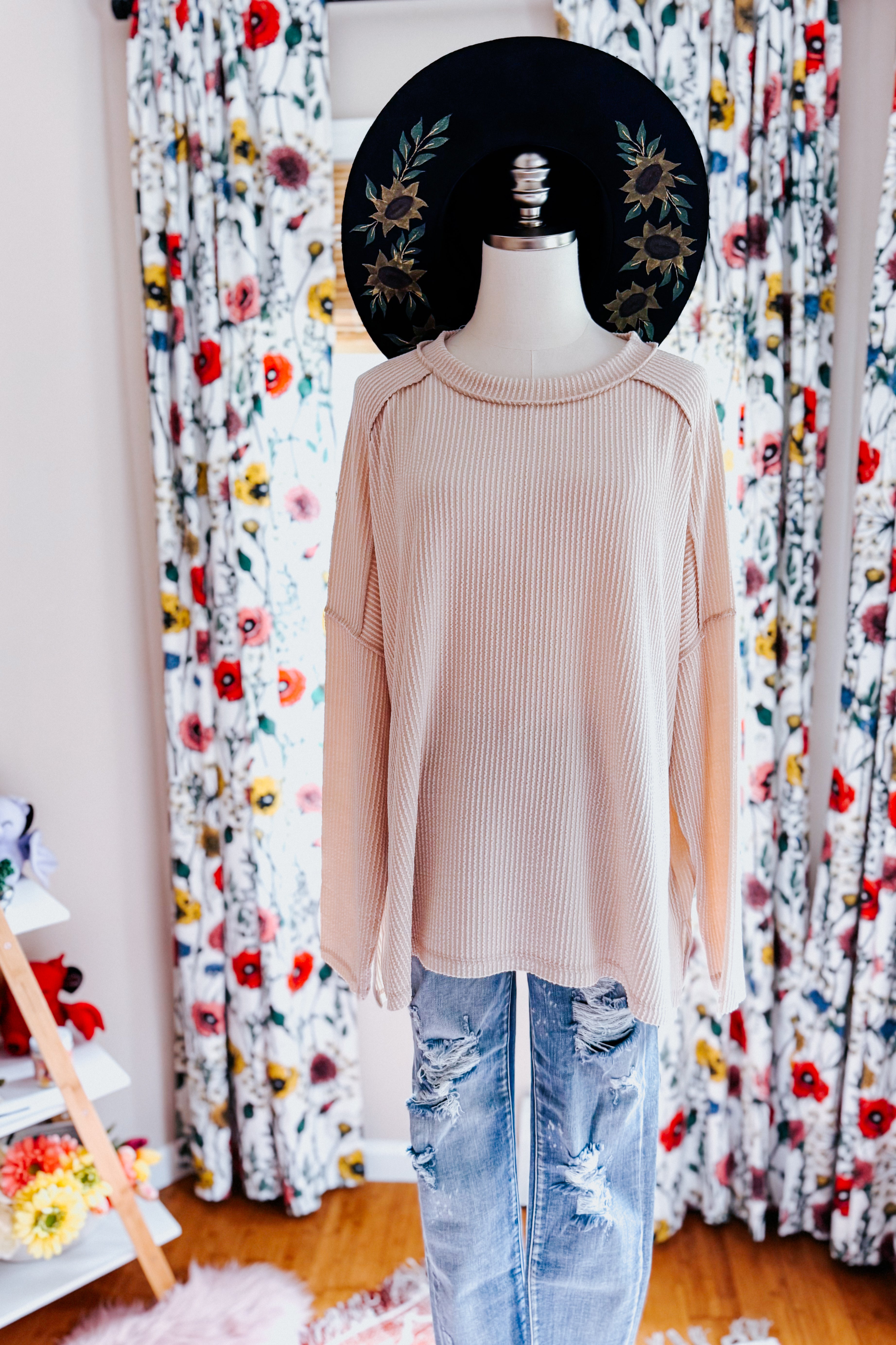 Wander & Rest Cable Ribbed Knit Drop Shoulder Top • Sand Beige