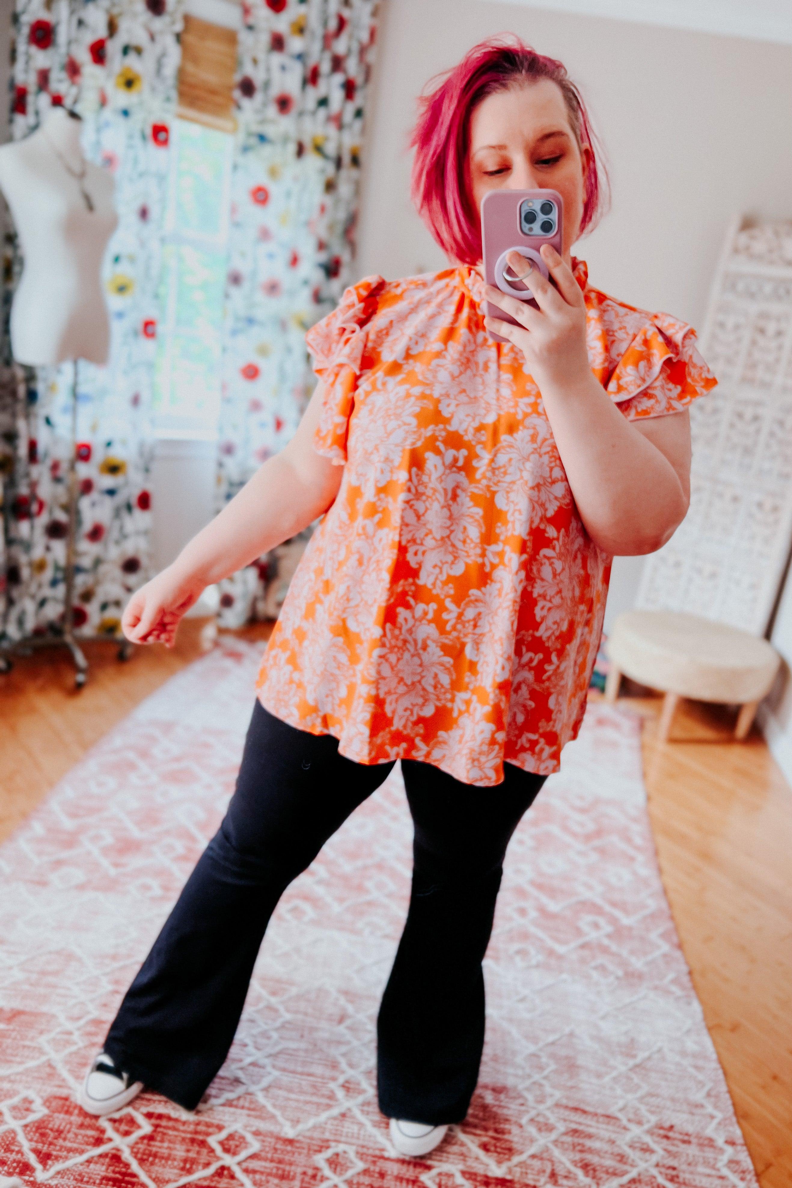 So Sweet Mock Neck Flutter Sleeve Top - Atomic Wildflower