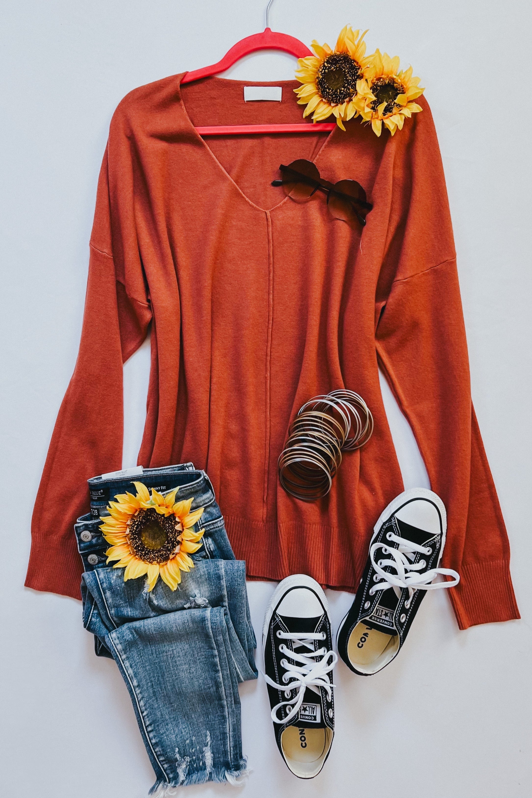 Hello Beautiful V Neck Sweater • Rust