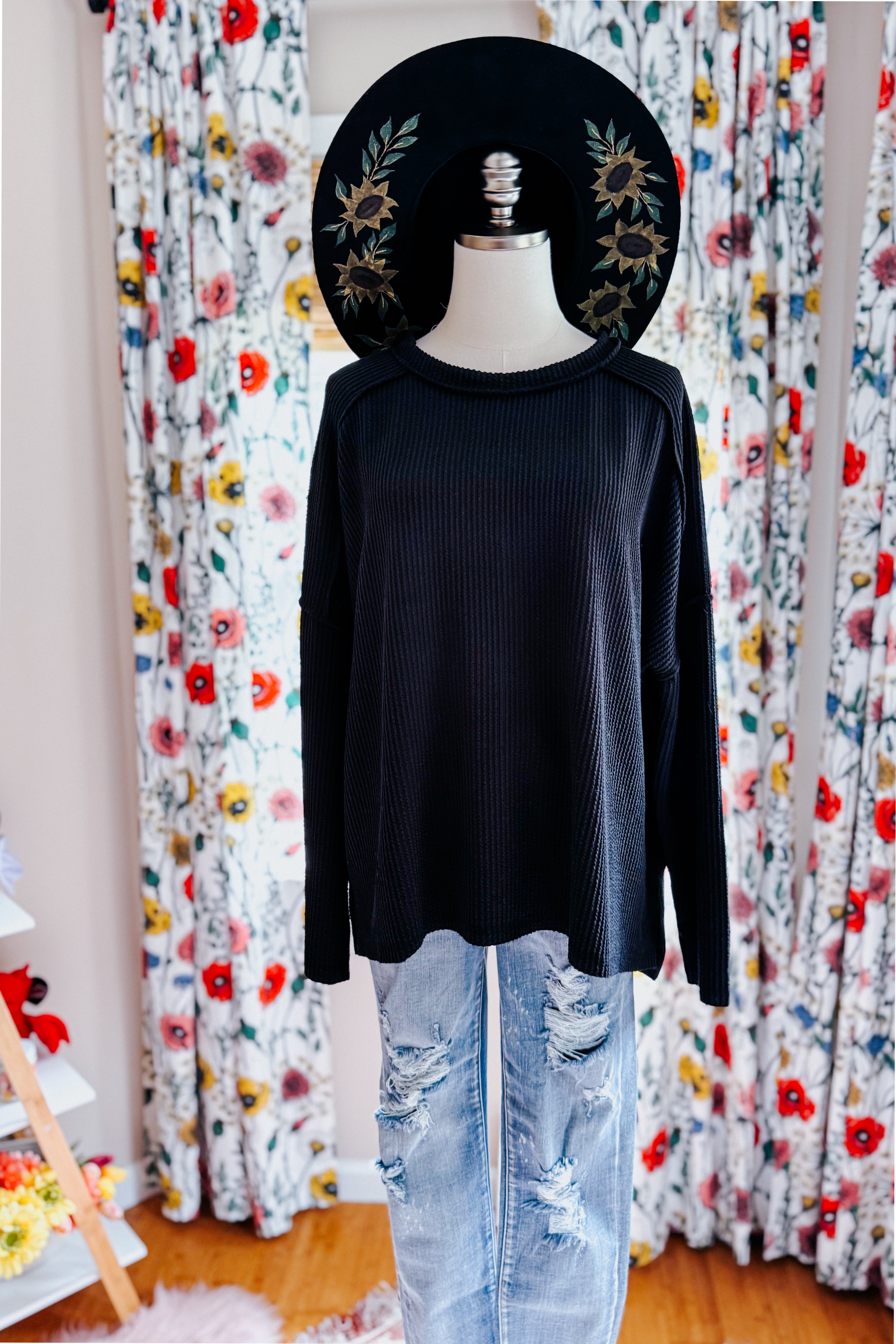 Wander & Rest Cable Ribbed Knit Drop Shoulder Top • Black