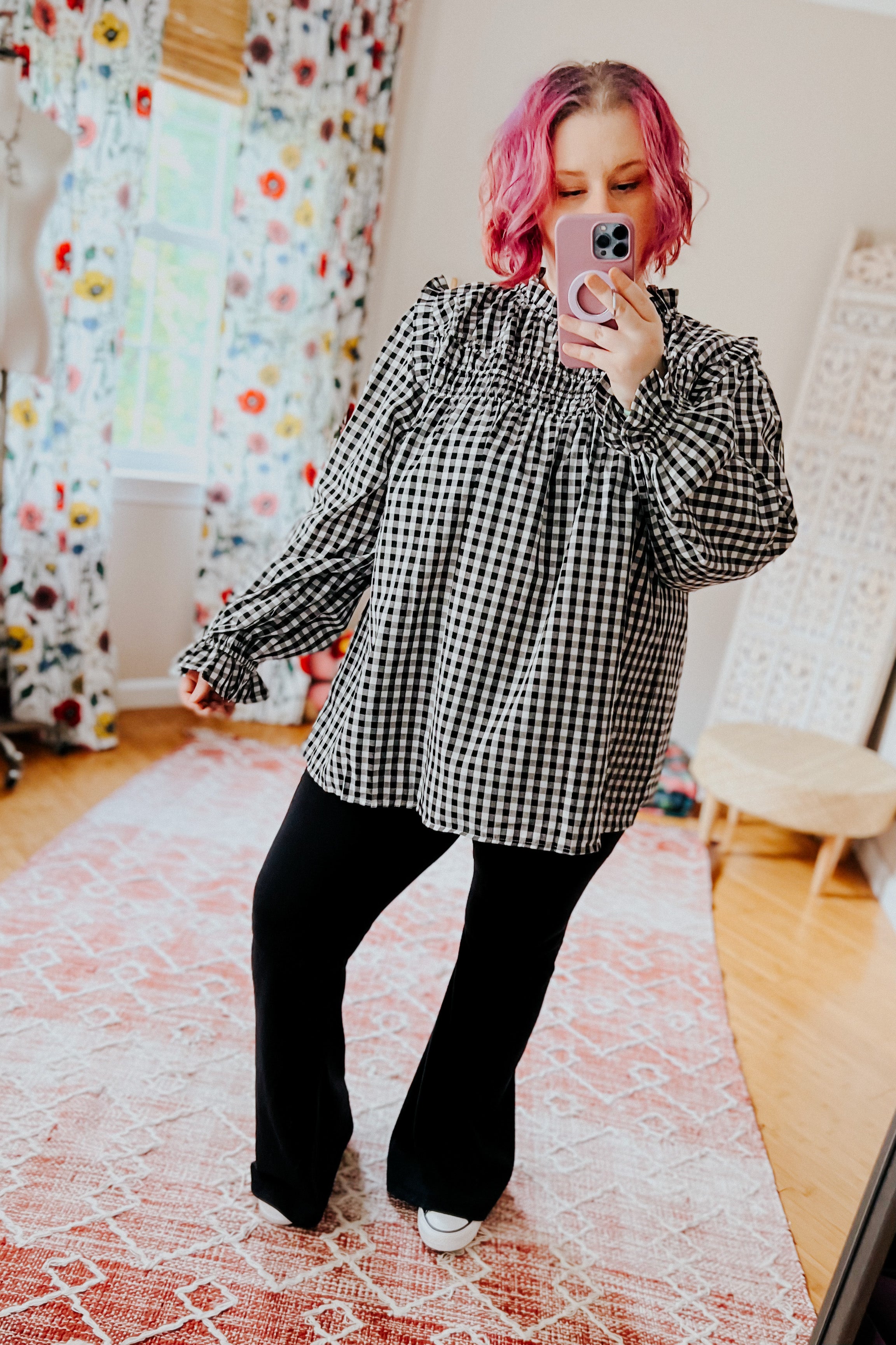 Adorable in Gingham Shirred Mock Neck Top • Black