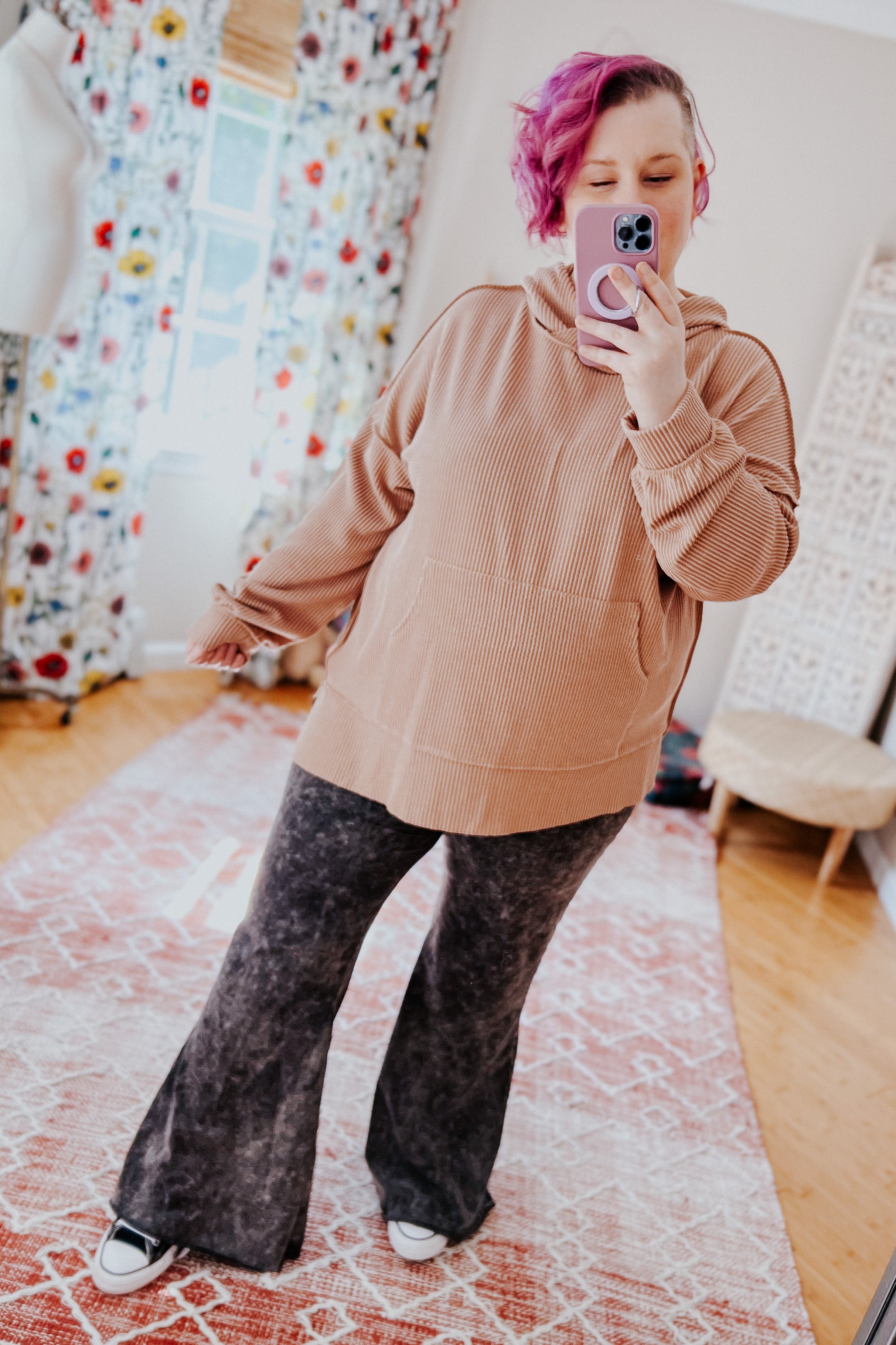 Cozy Up Mineral Wash Rib Knit Hoodie • Latte