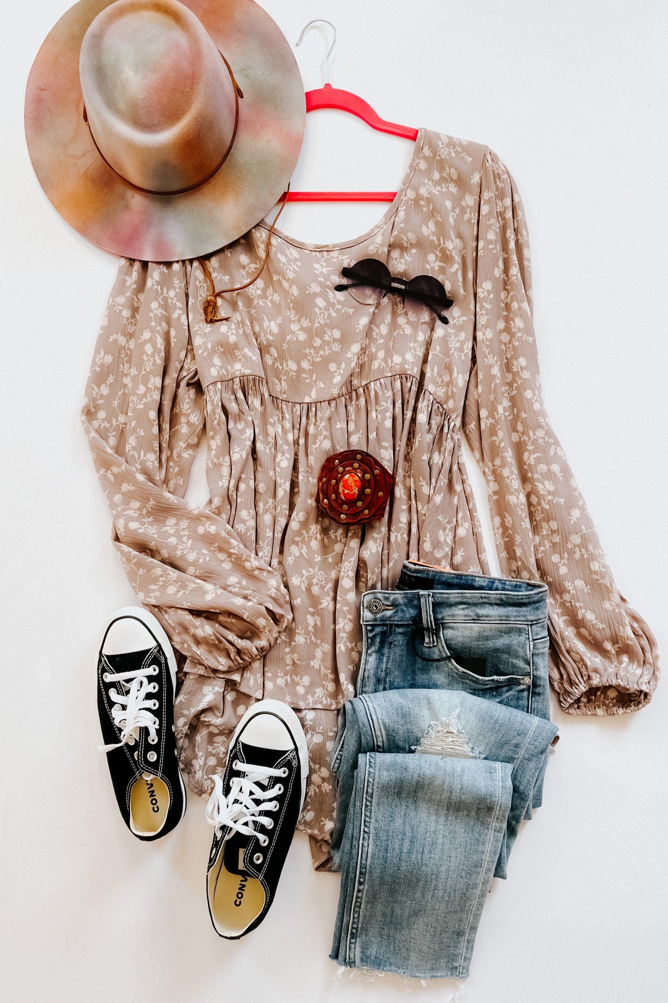 La La Crinkle Floral Lace-Up Woven Bubble Sleeve Top - Atomic Wildflower