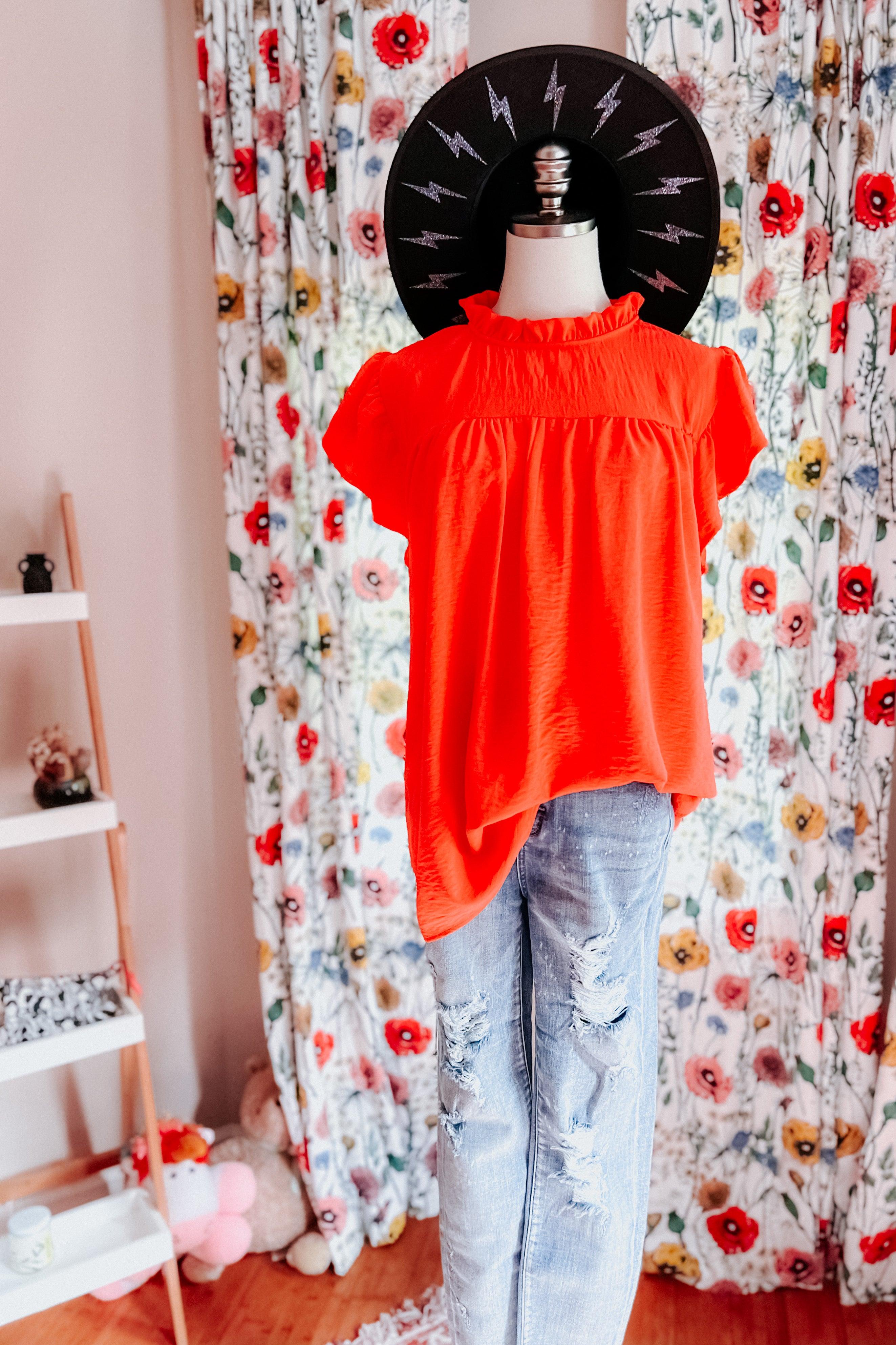 Morning Sun Mock Neck Flutter Sleeve Top - Atomic Wildflower