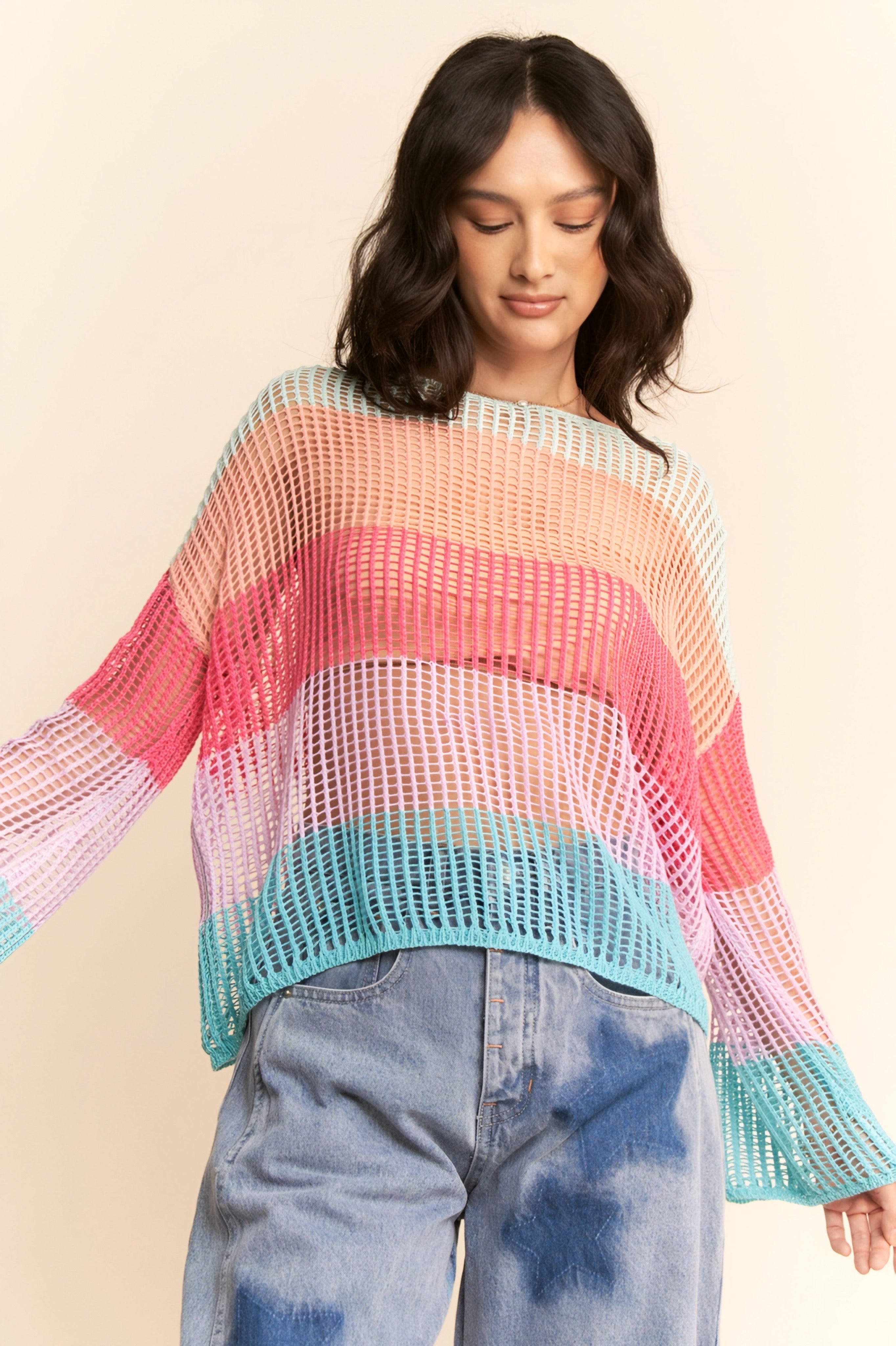Friend Of A Friend Striped Bell Sleeve Crochet Mesh Pullover