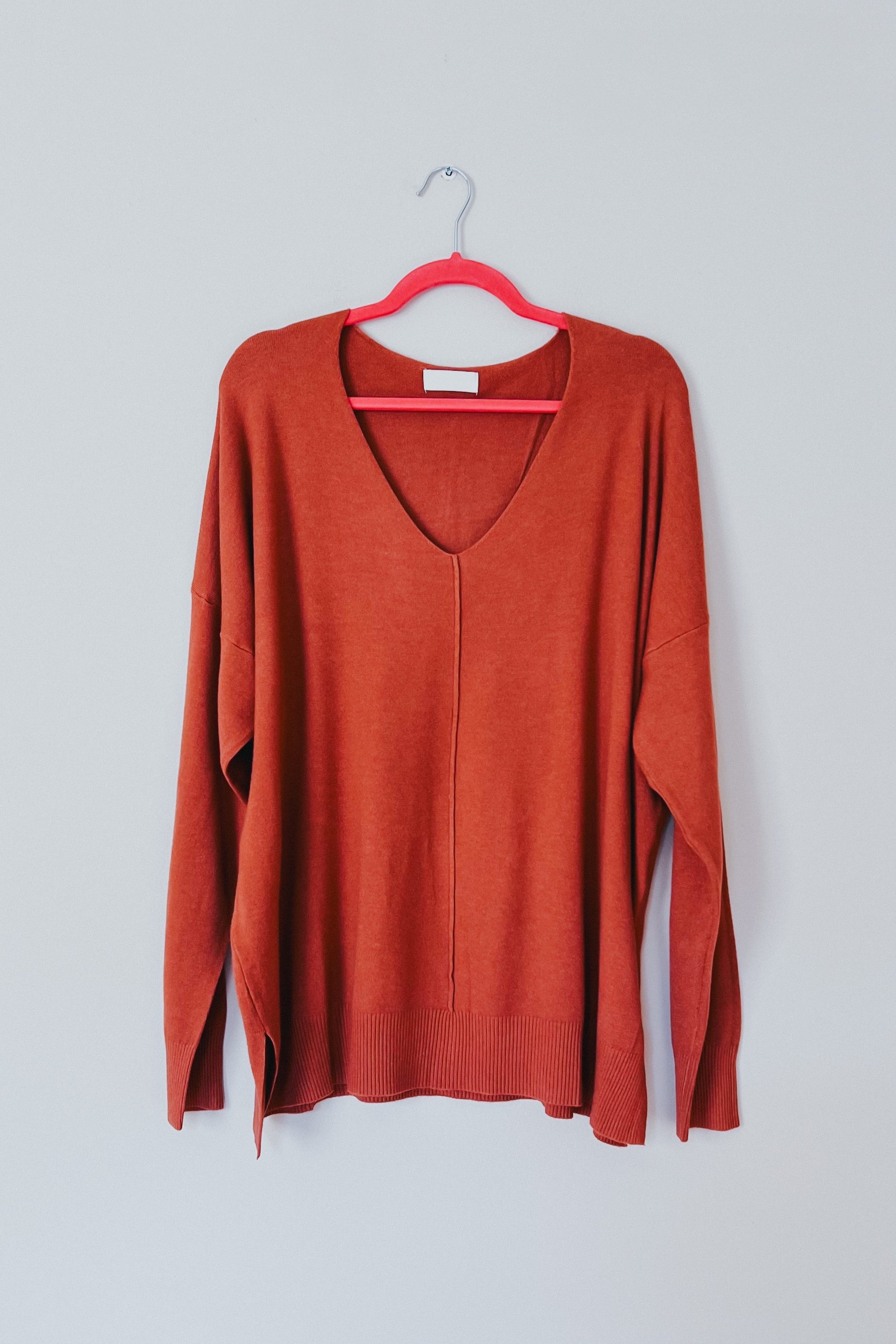 Hello Beautiful V Neck Sweater • Rust