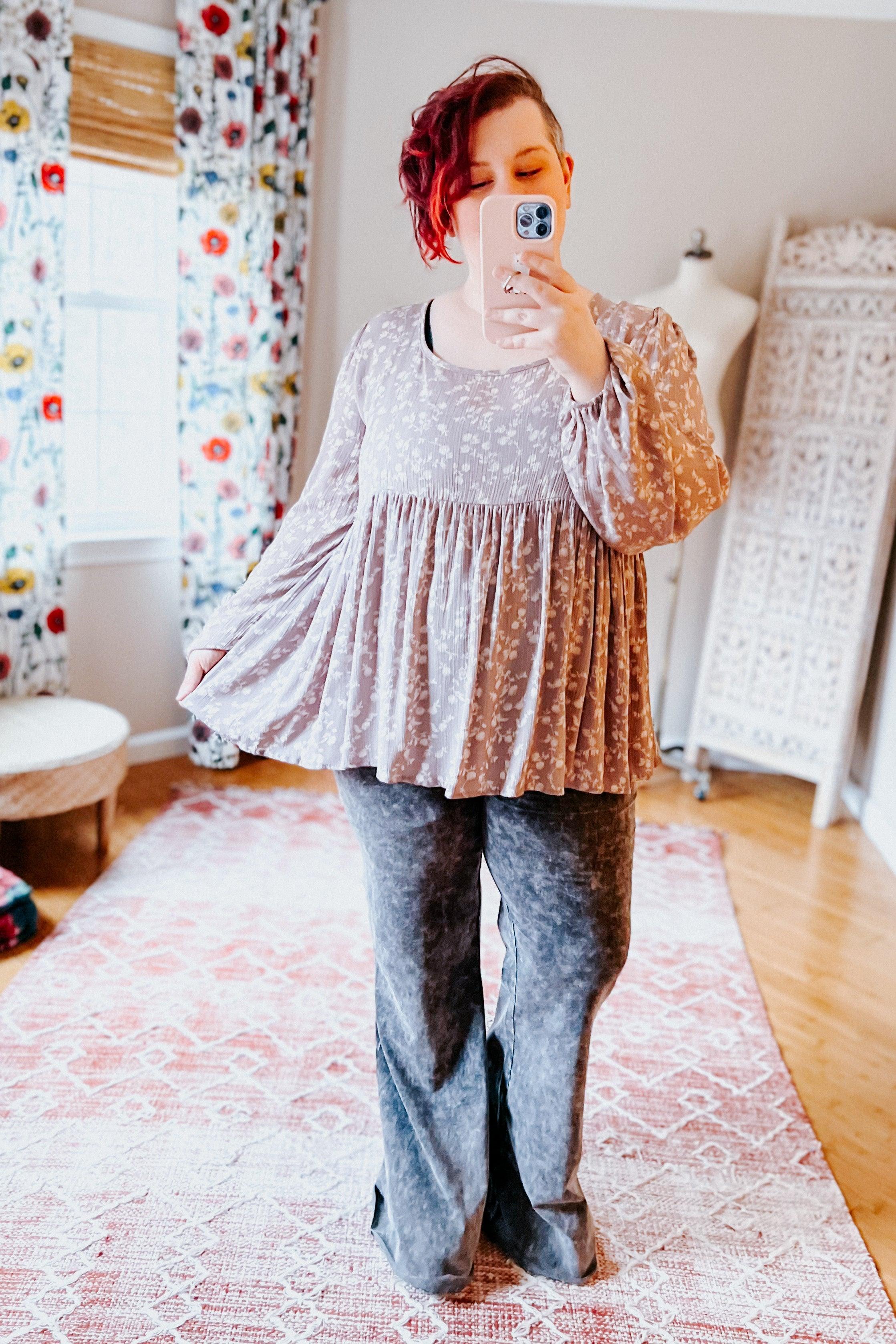 La La Crinkle Floral Lace-Up Woven Bubble Sleeve Top - Atomic Wildflower