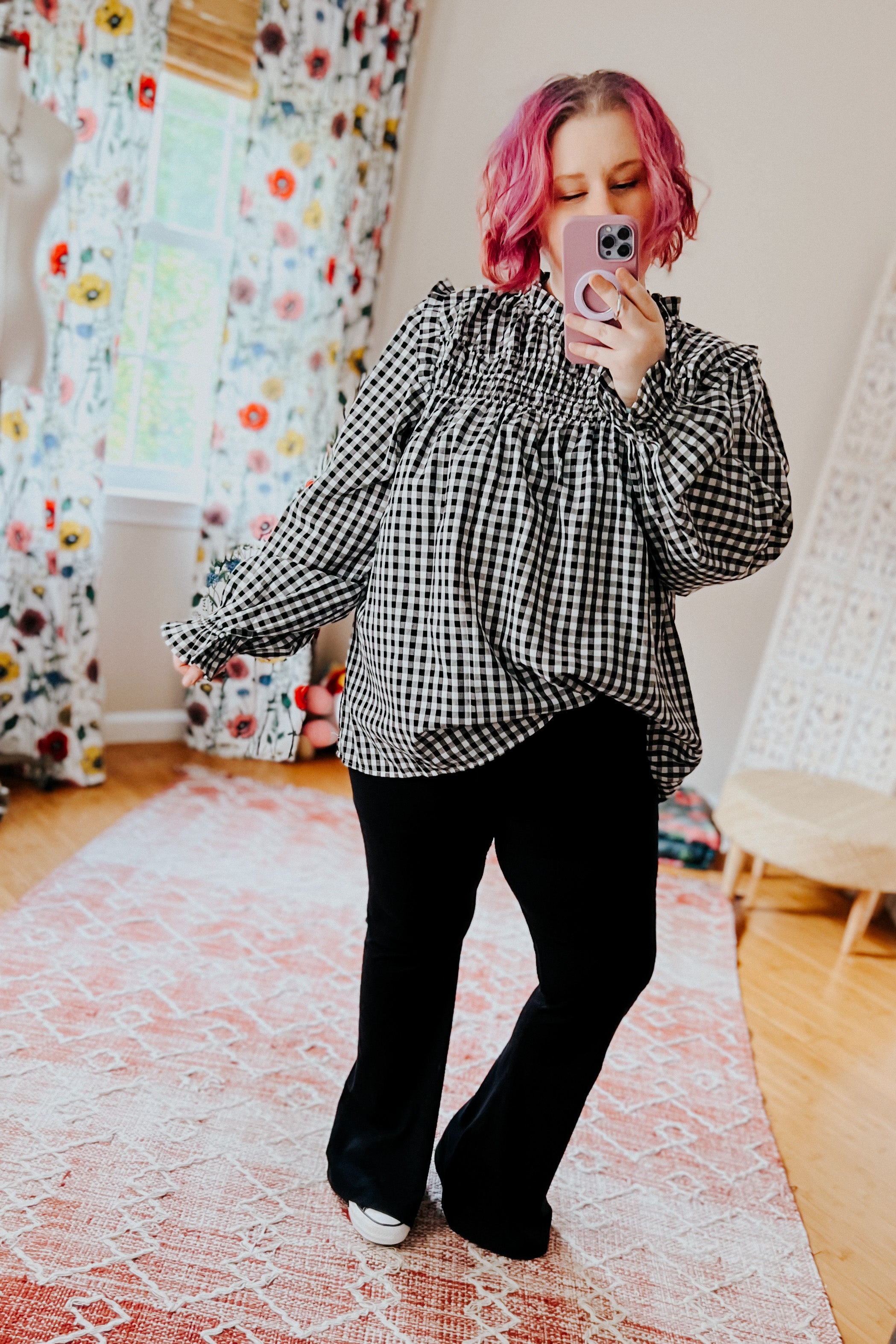Adorable in Gingham Shirred Mock Neck Top • Black