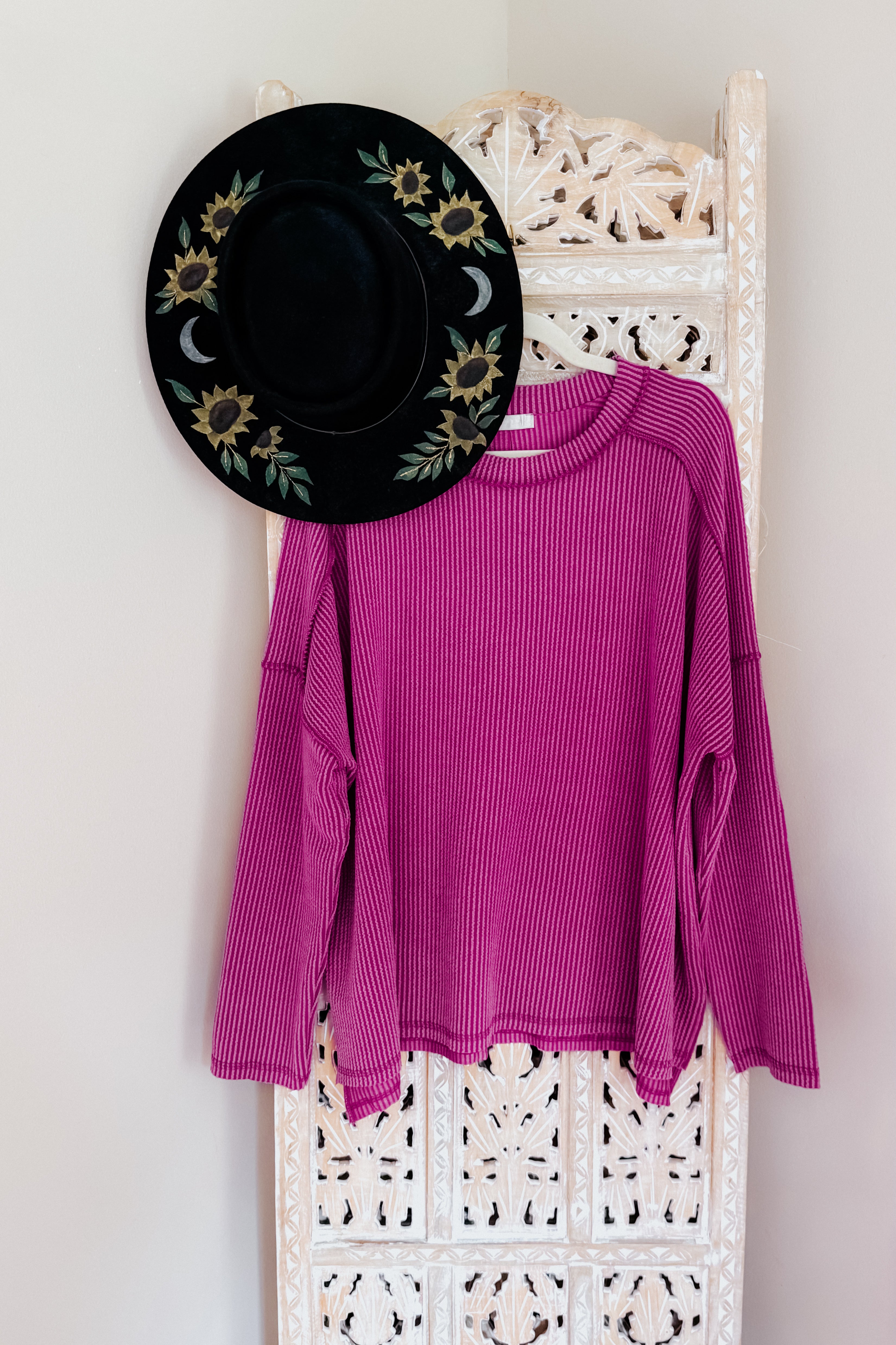 Wander & Rest Cable Ribbed Knit Drop Shoulder Top • Plum