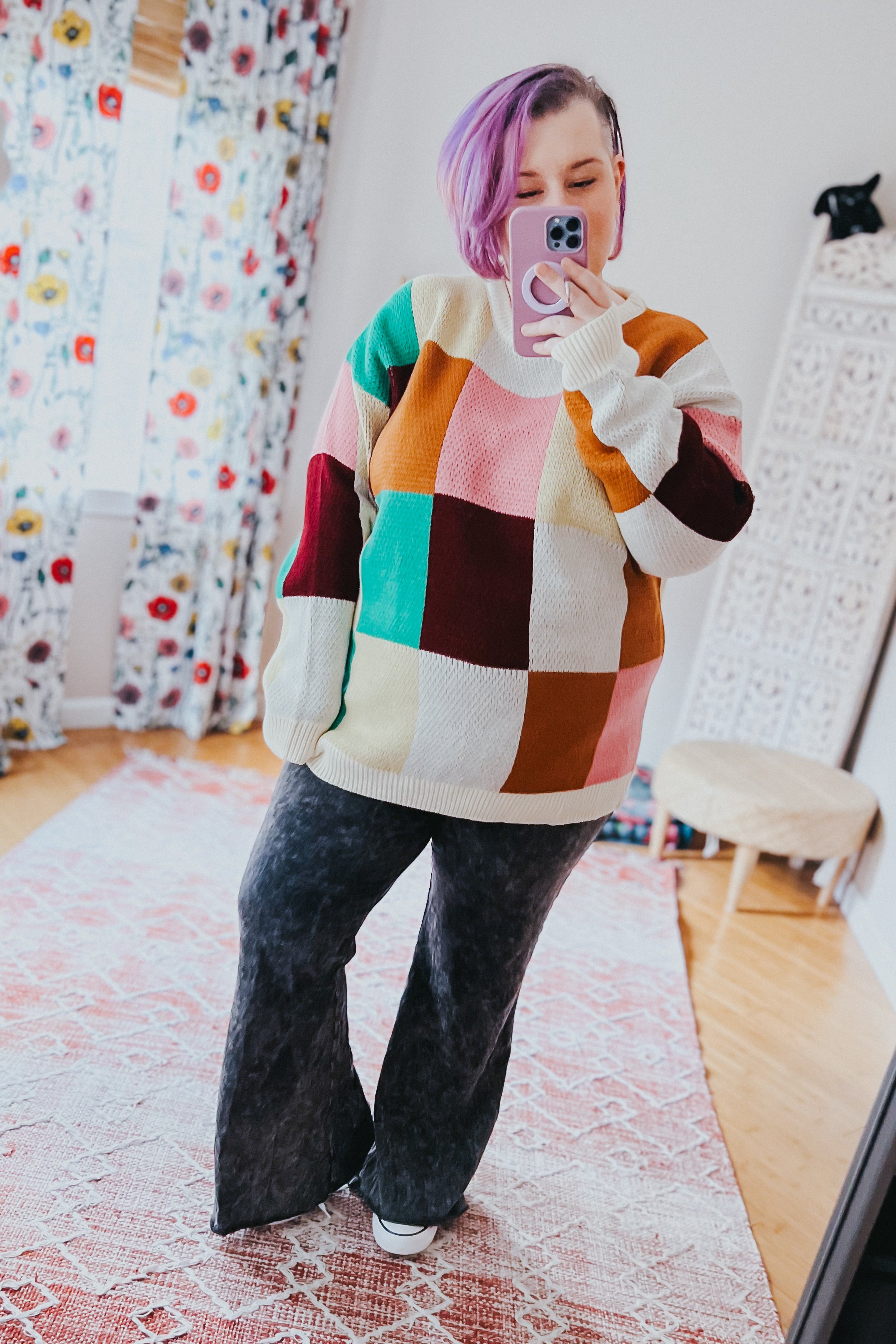 Adorable In Checker Jacquard Knit Sweater