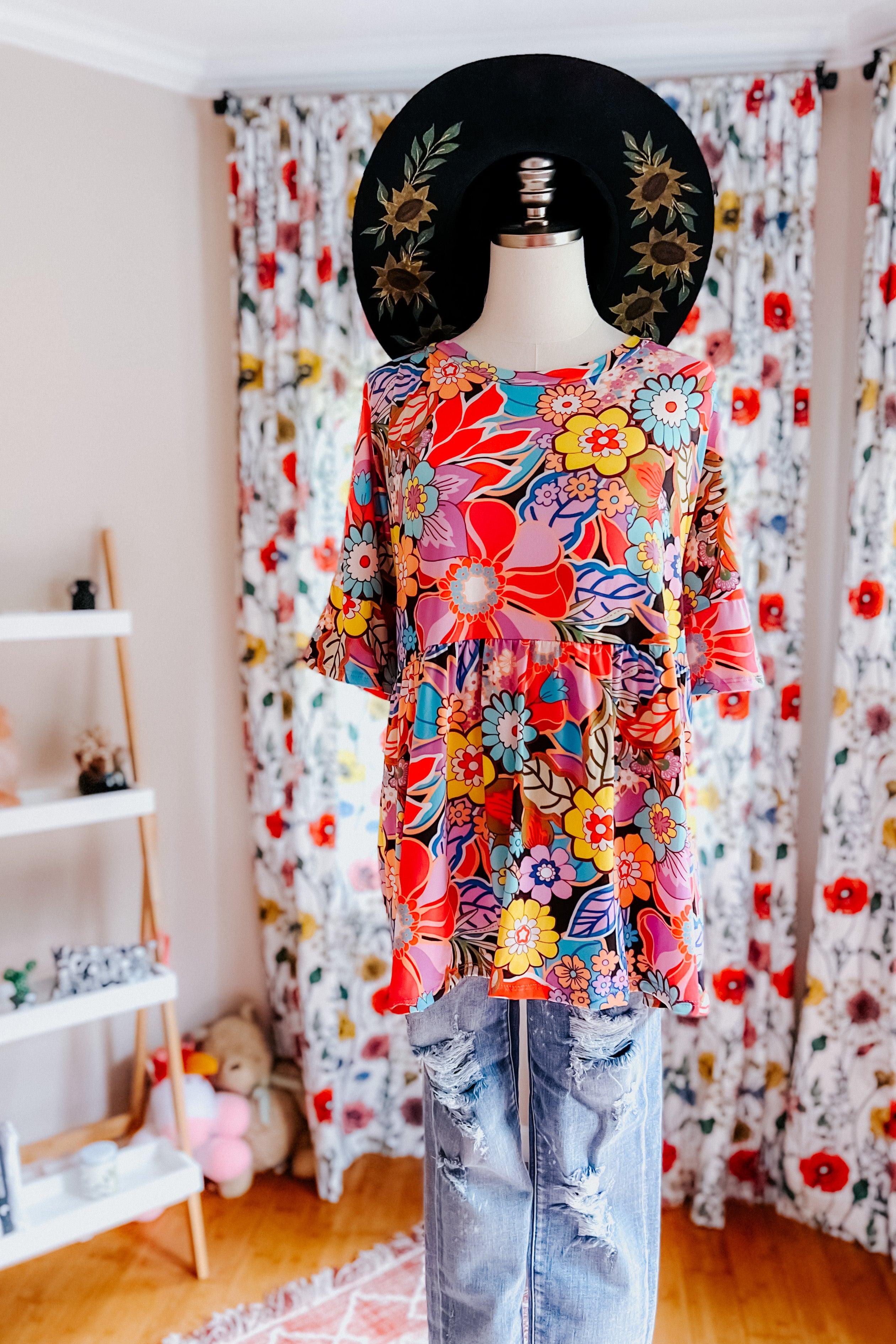 Retro Blossom Floral Babydoll Top - Atomic Wildflower