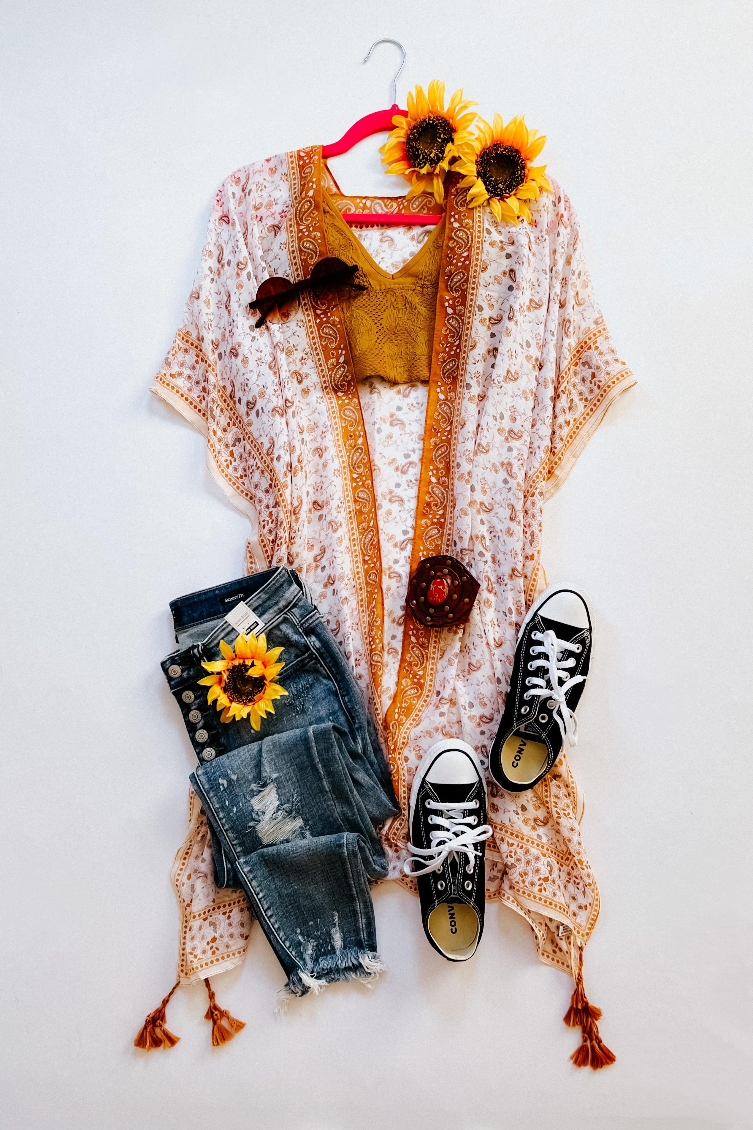 Heat Of The Night Floral Paisley Kimono • Sand - Atomic Wildflower