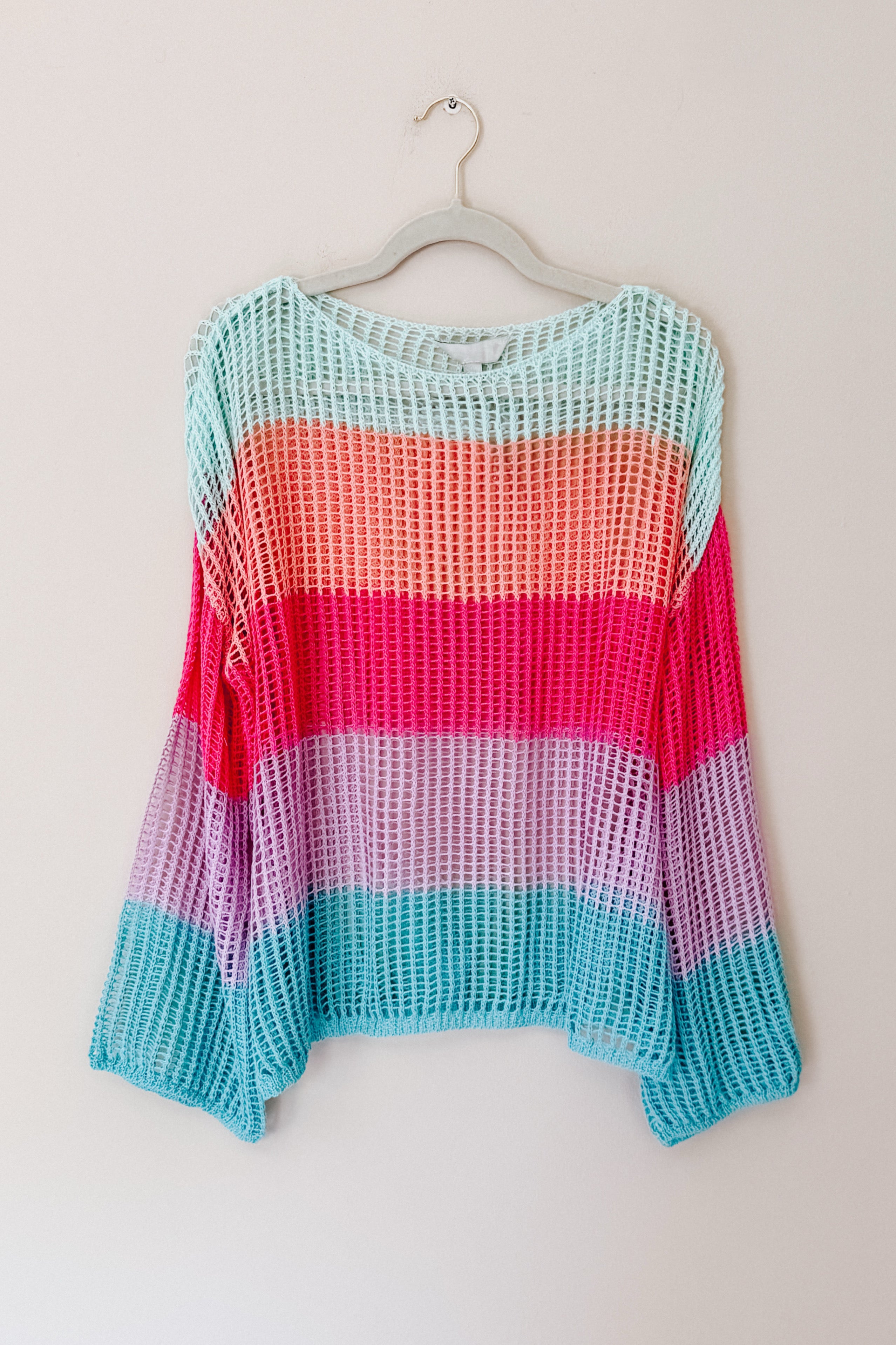 Friend Of A Friend Striped Bell Sleeve Crochet Mesh Pullover