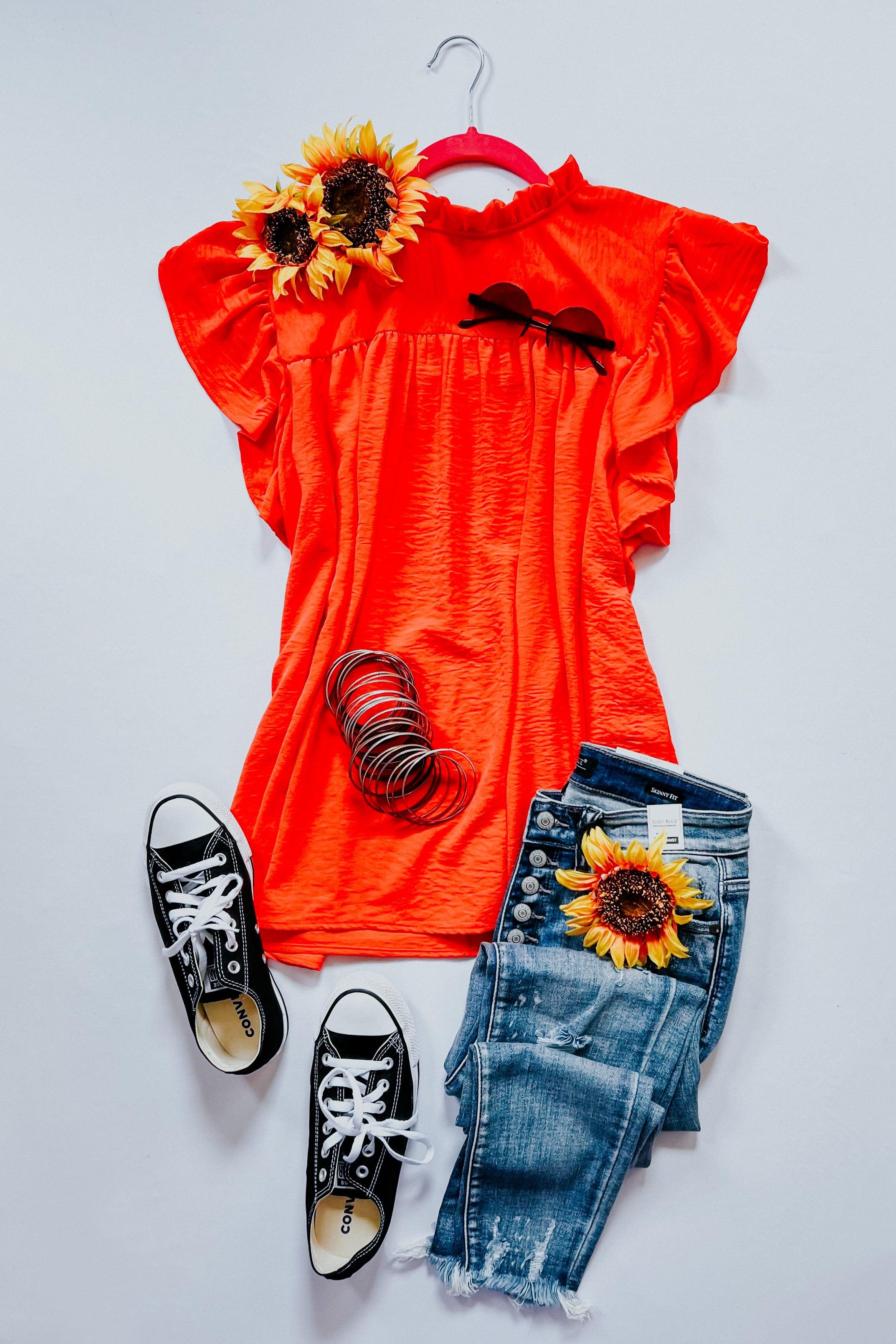 Morning Sun Mock Neck Flutter Sleeve Top - Atomic Wildflower