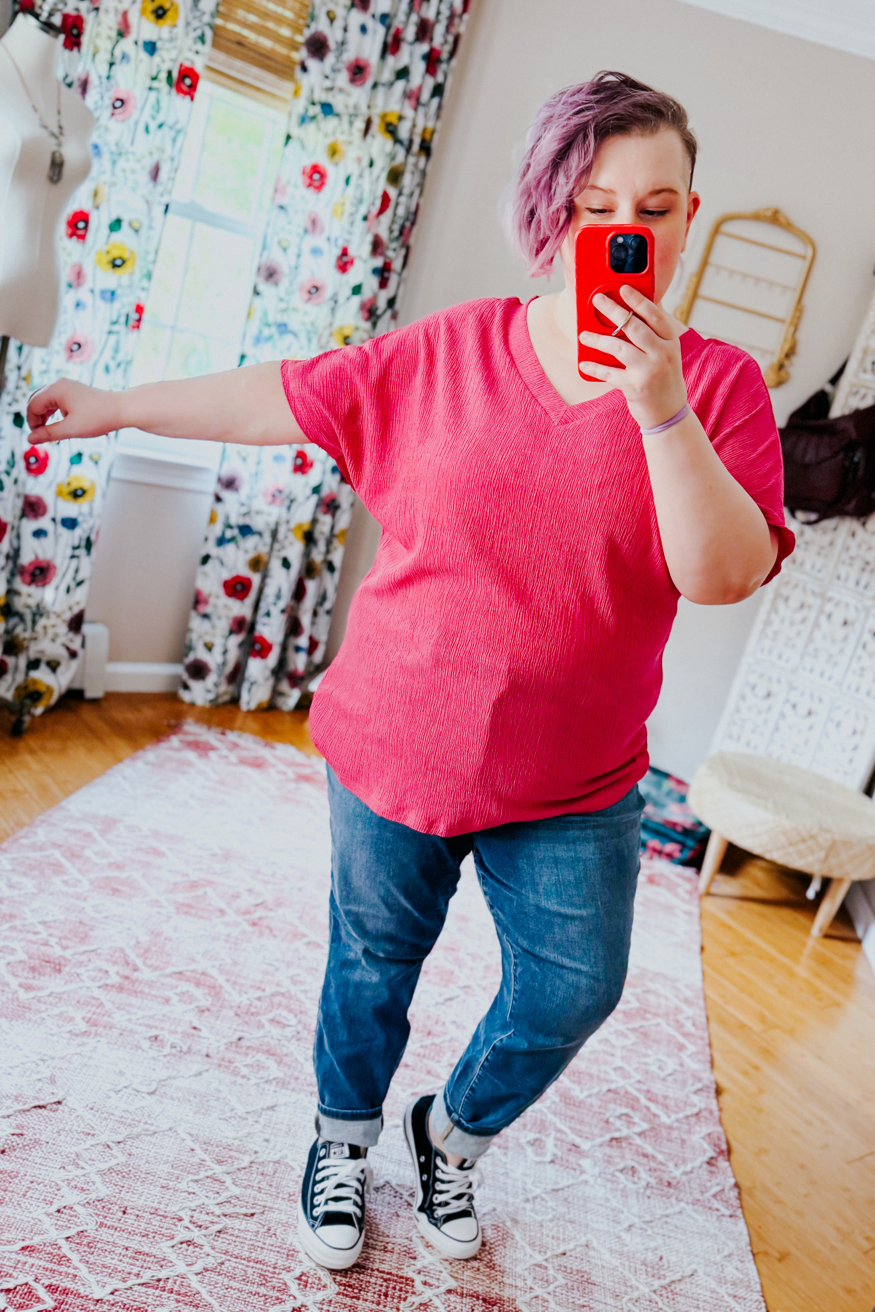 Trial and Error Textured V-Neck Blouse • Magenta
