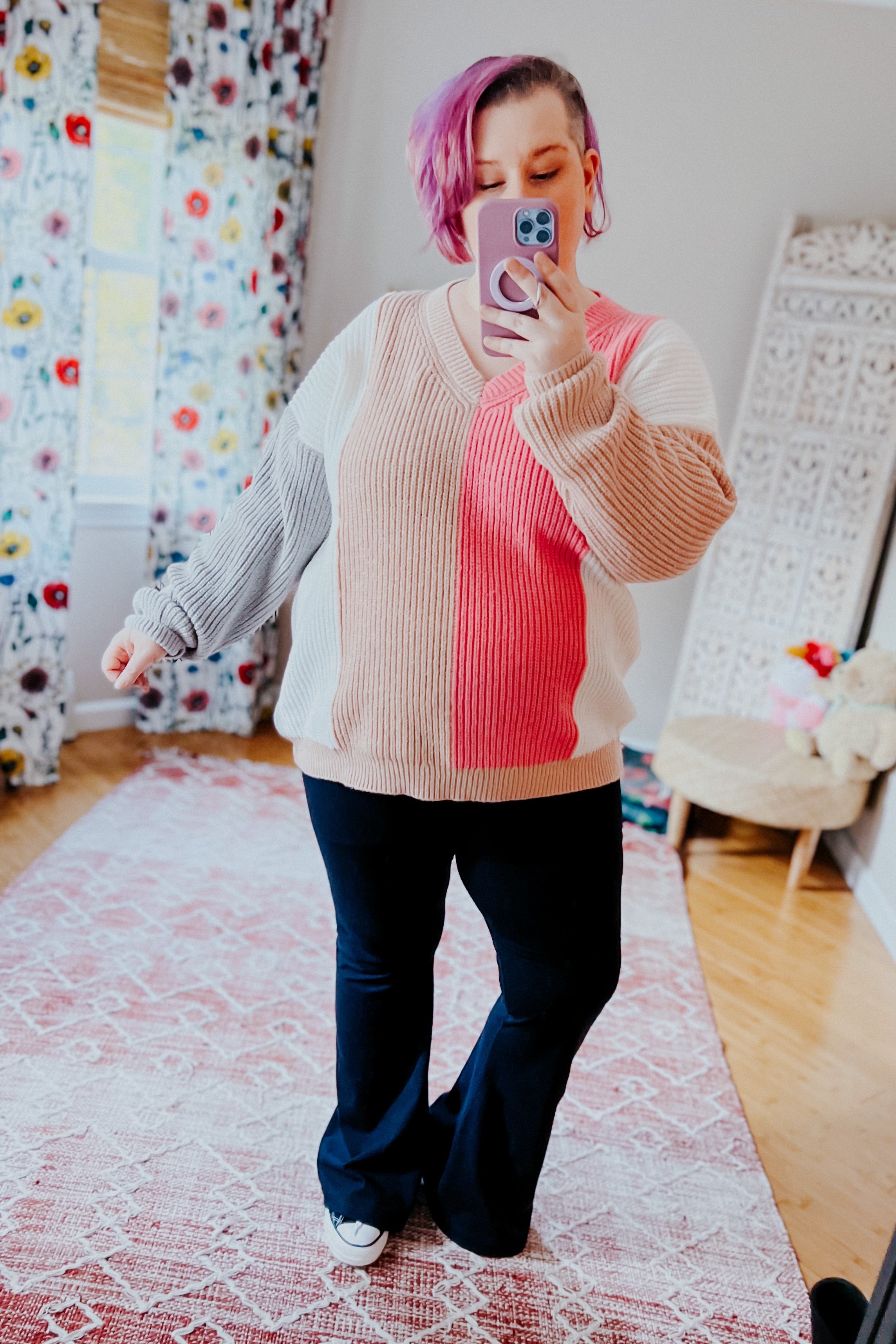 Always Mine V Neck Color Block Sweater Top