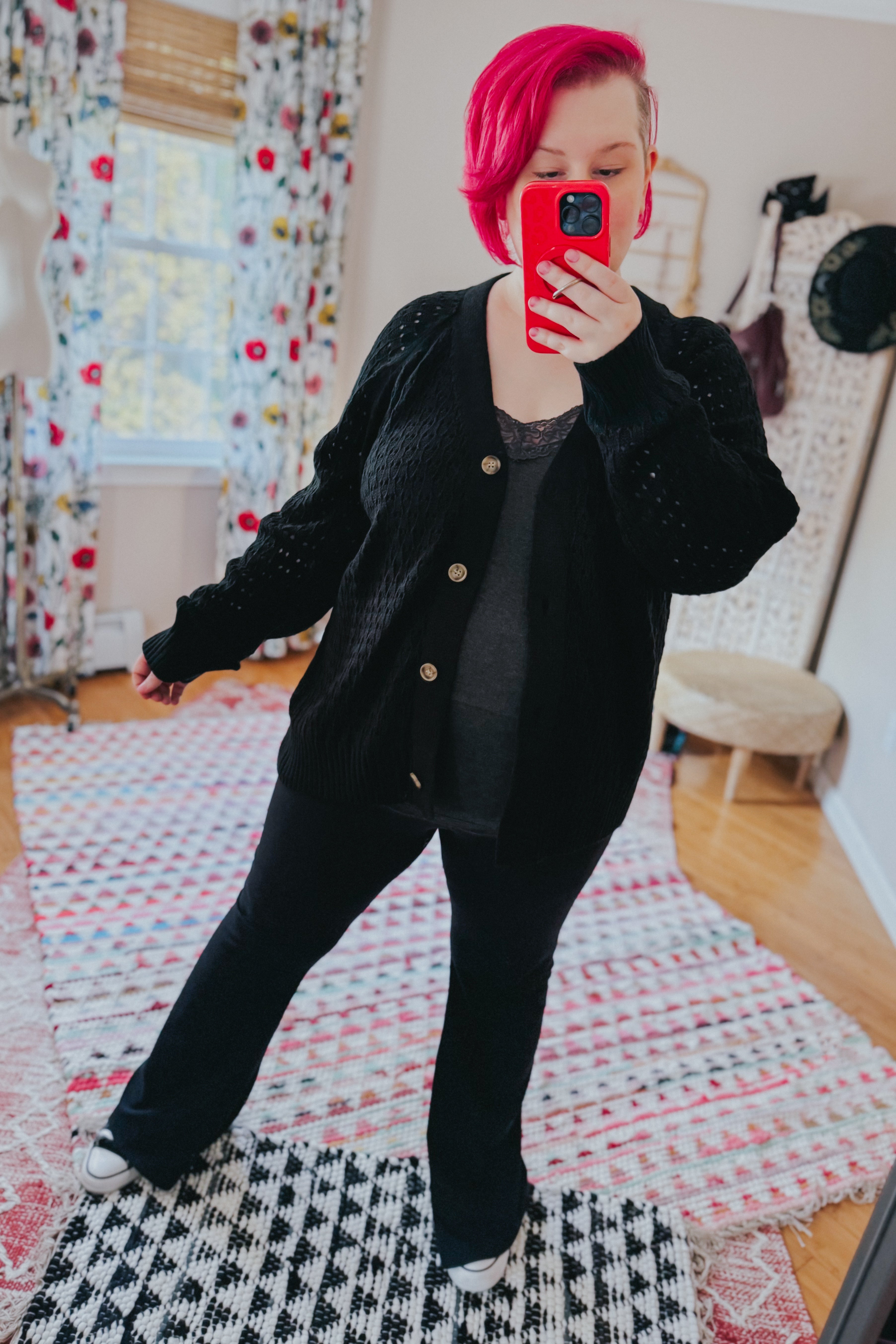 Wallflower Pointelle Knit Button Down Cardigan • Black