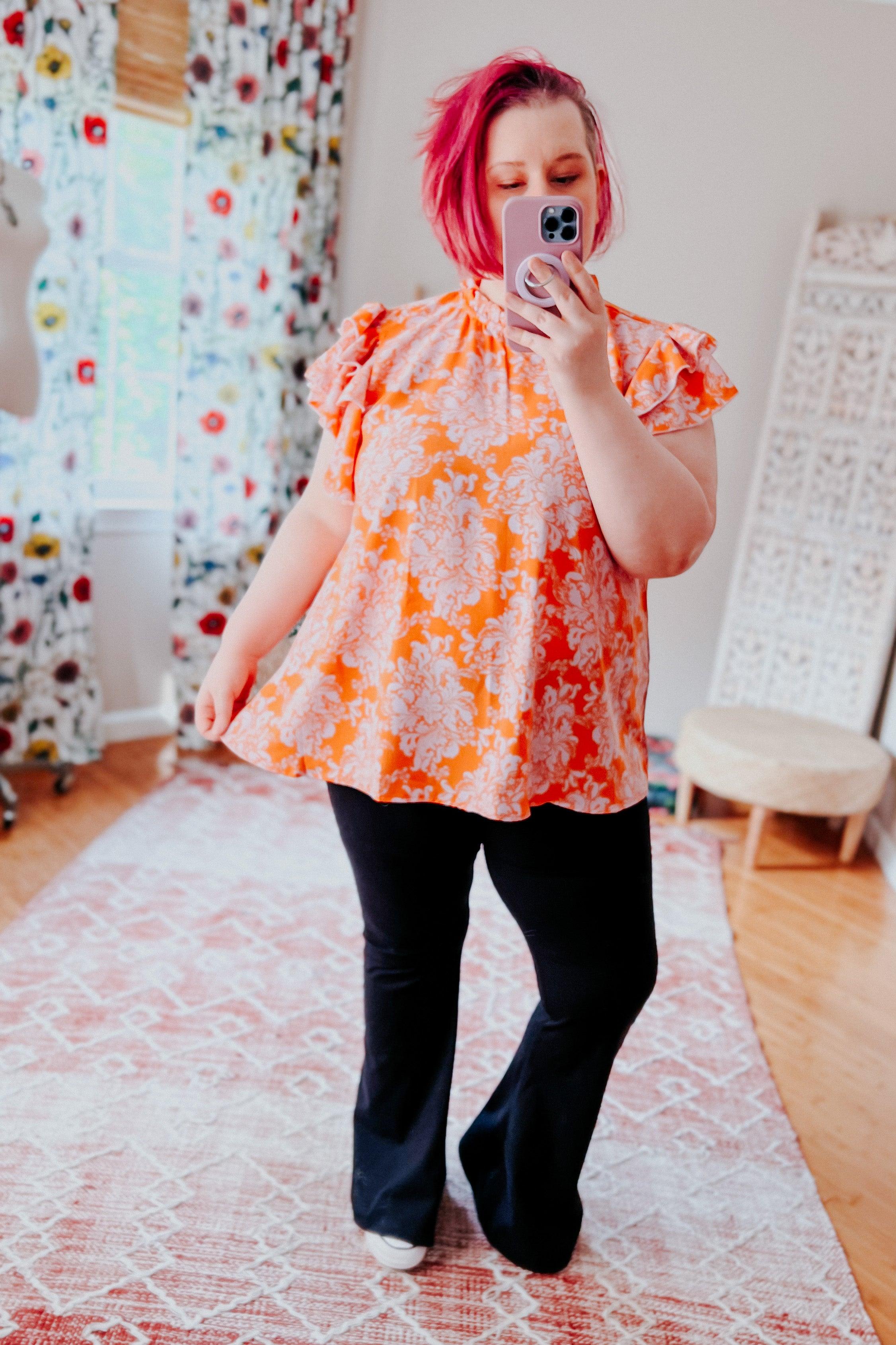 So Sweet Mock Neck Flutter Sleeve Top - Atomic Wildflower