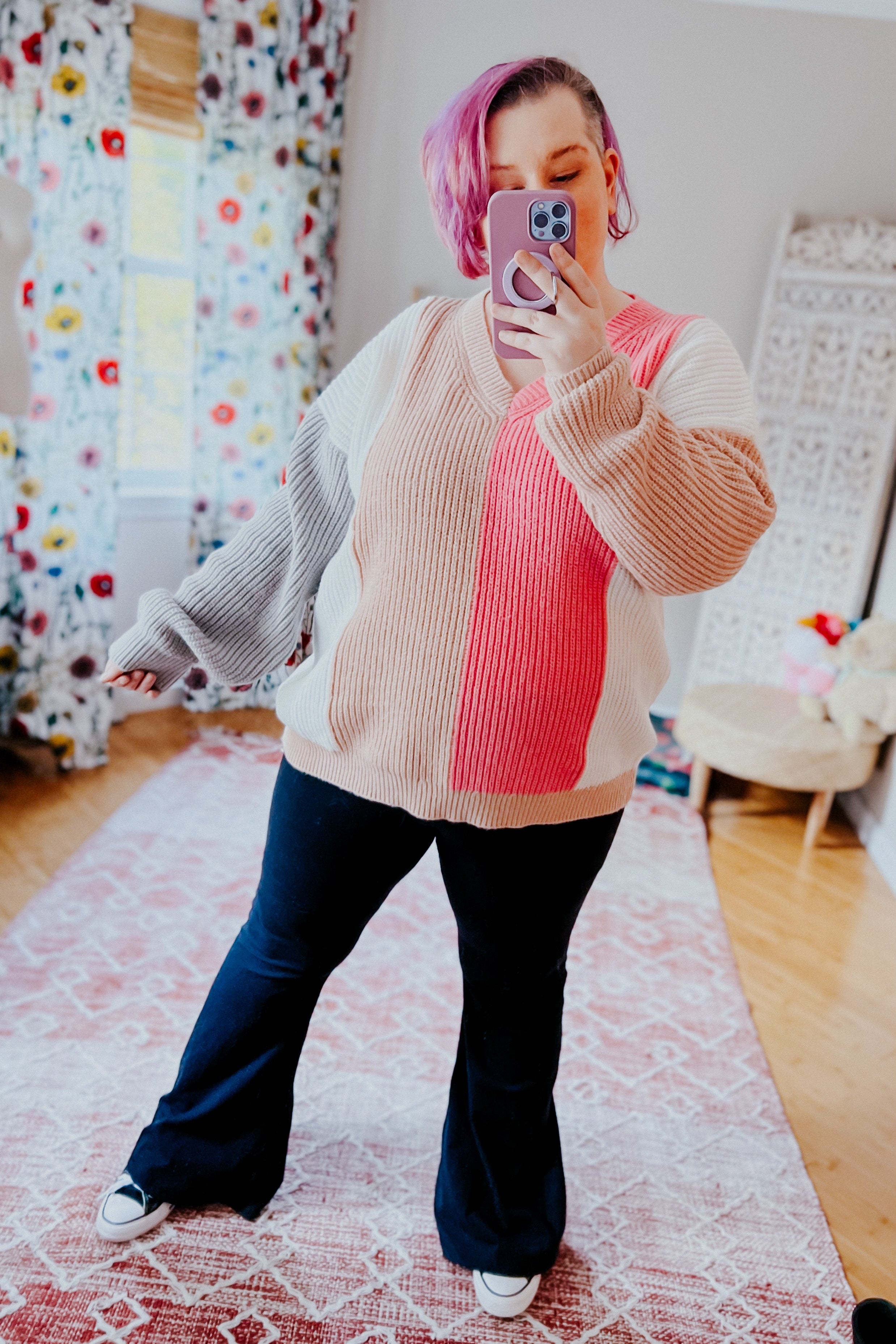Always Mine V Neck Color Block Sweater Top
